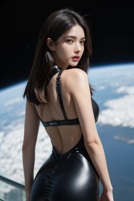 Foto de mujer de cuerpo completo con manos perfectas, rostro detallado, alita battle angel , nave espacial estrellada de fondo , high tech space suit , Beautiful woman looking back:1.4