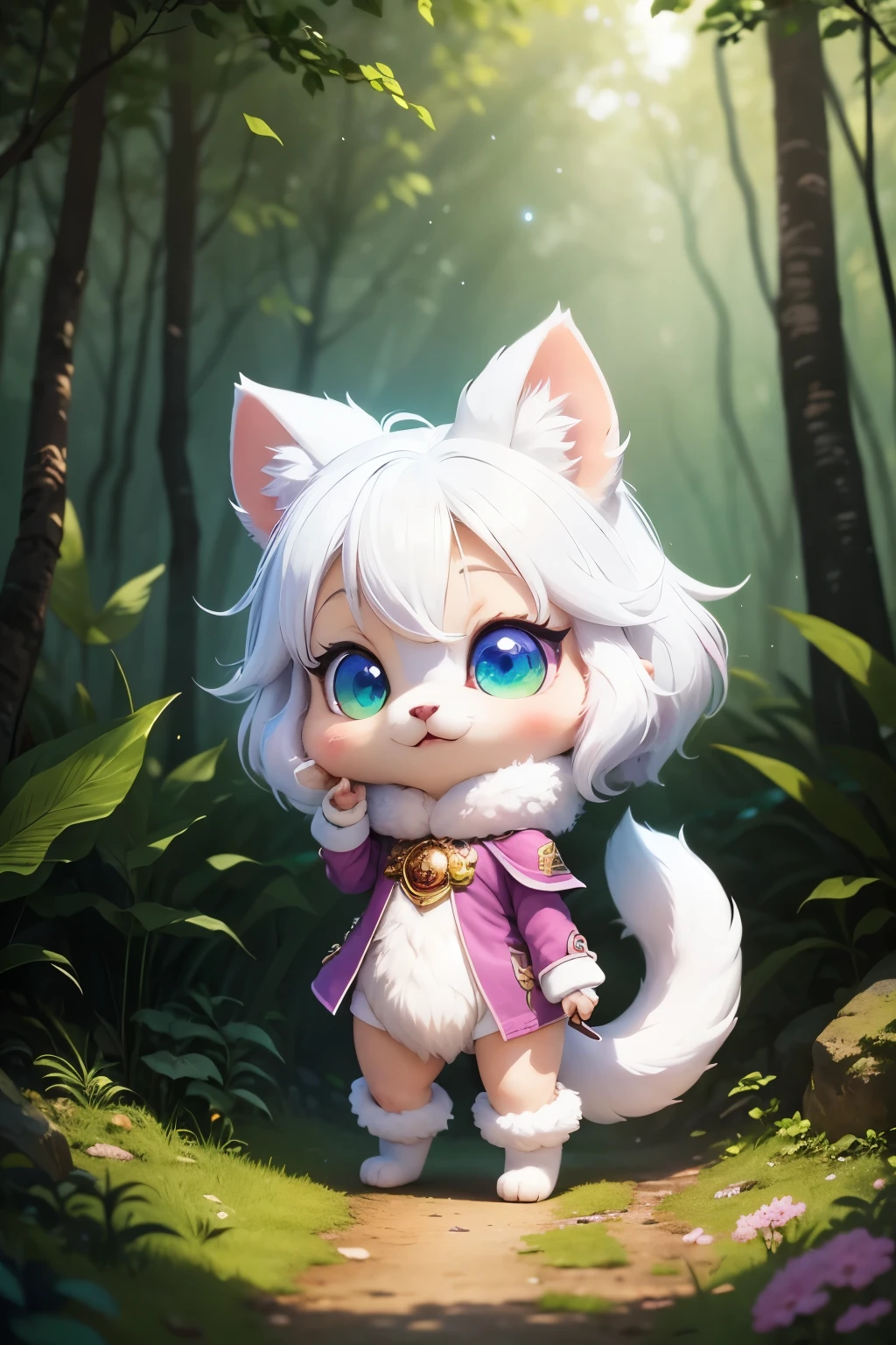 chibi, full body, super deformed, furry, funny, best quality, super fine, 16k, white fluffy cute weasel, surprised expression, cute pose, in the forest, fantasy world image, variety of visual styles that combine various artistic elements like a sparkling iridescent pastel and vivid colors