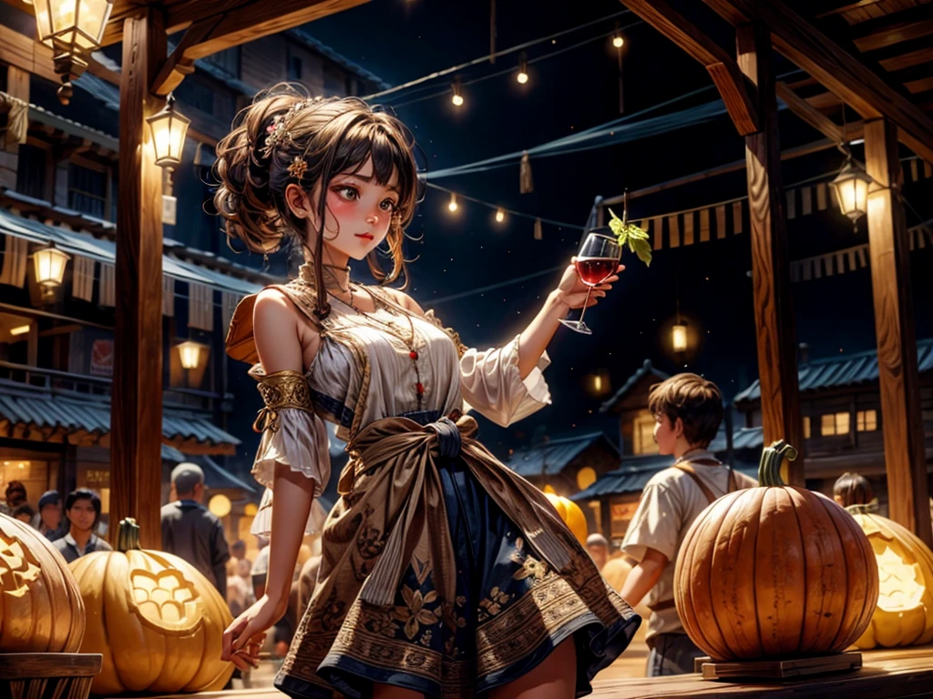 (a girl drinking wine from a gourd, a drunken girl dancing, villagers watching) high quality, ultra-detailed, realistic:1.37, vibrant colors, soft lighting, traditional painting, lively village festival