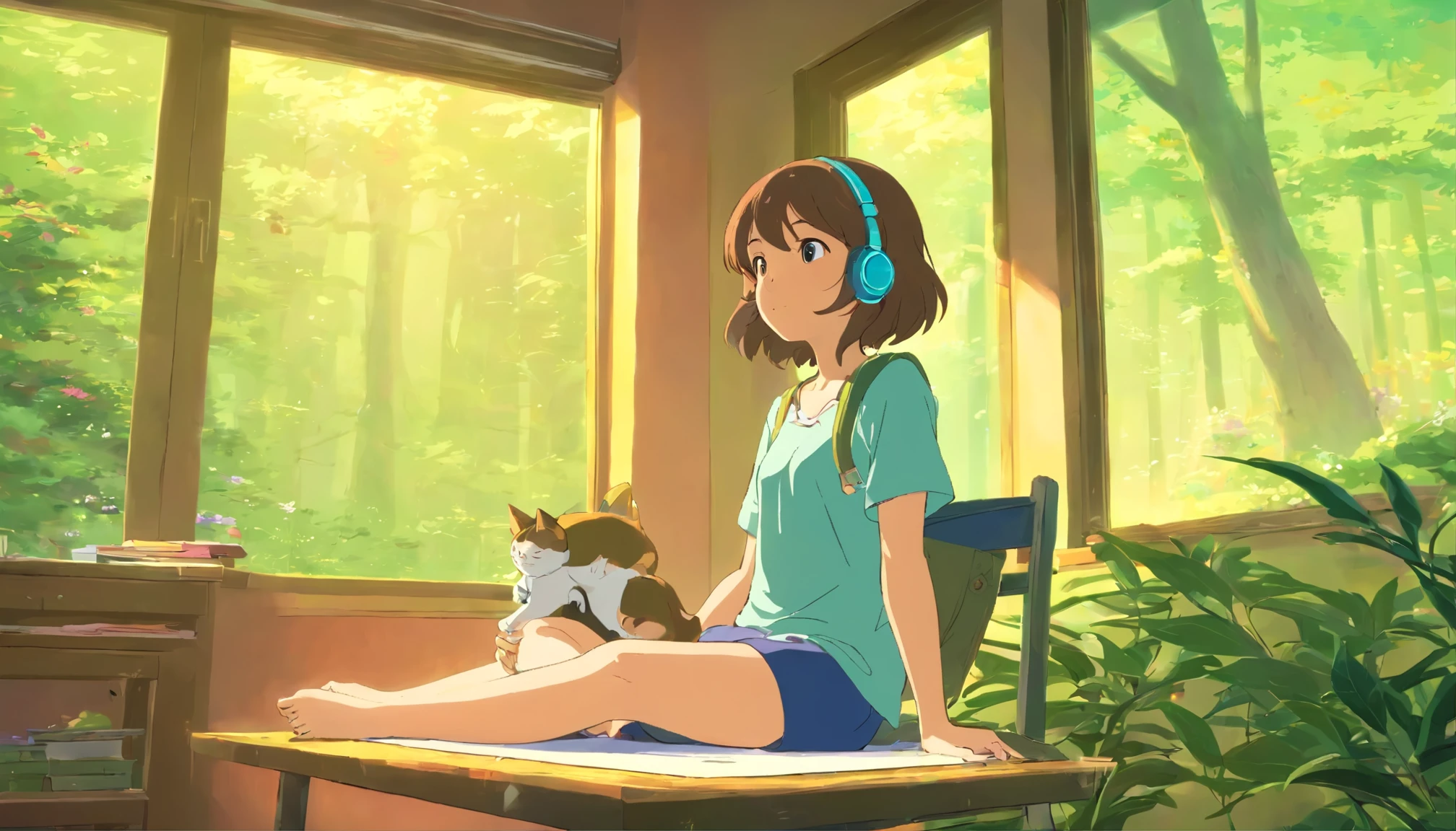 -Focus on a European hippie-style girl meditating in a room。 ・Project the entire room,A girl is sitting on a chair with a physical education chart.・The girl has a dreamy expression、wearing headphones。 In the background、A calming landscape of forests and flowers spreads out before you.. - Use analog color themes、Choose warm colors。 ・As seen in Studio Ghibli movies、Incorporate dreamy and colorful elements。Several cats are playing.