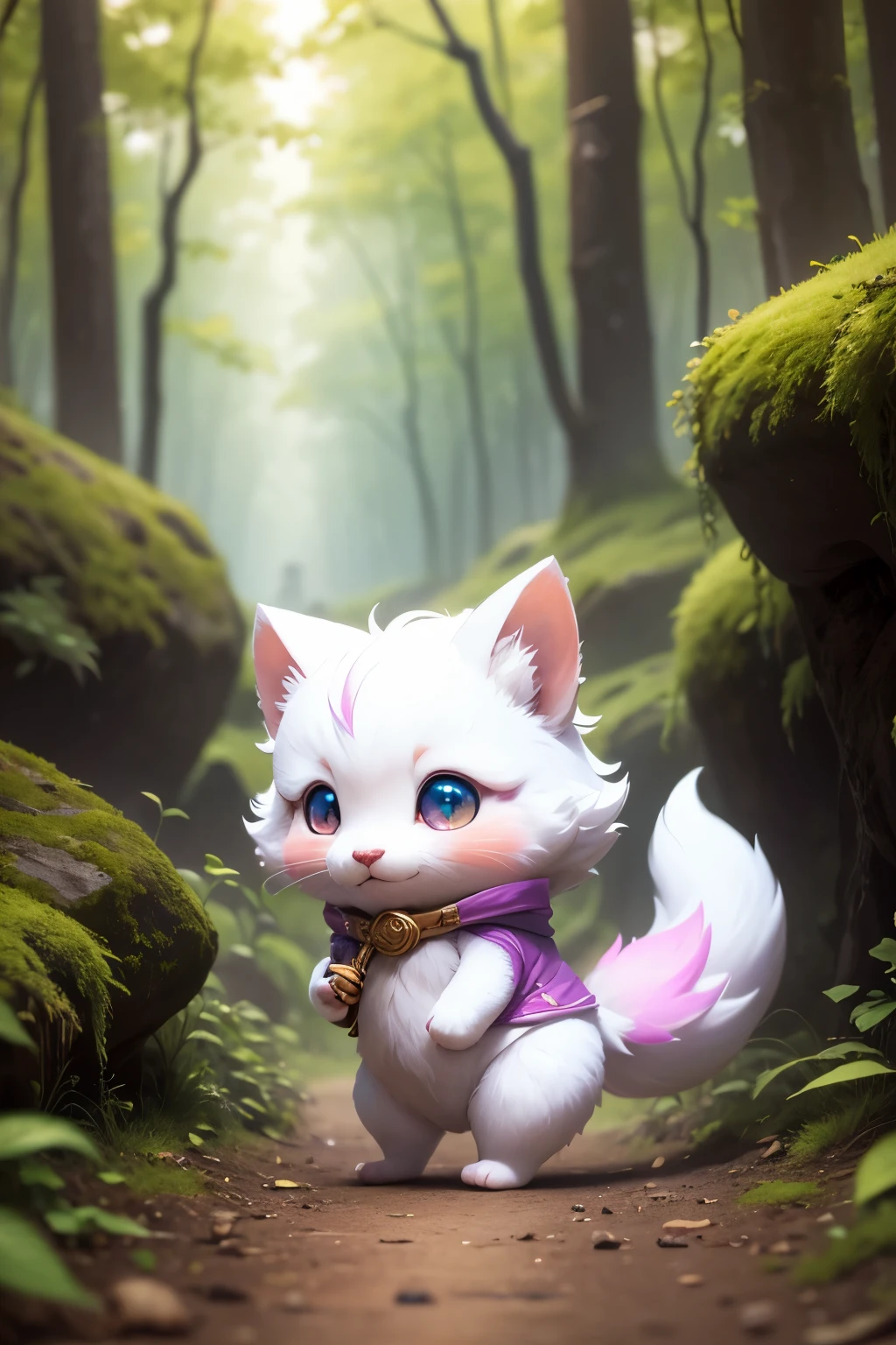 chibi, full body, super deformed, 3D, furry, funny, best quality, super fine, 16k, white fluffy cute weasel, surprised expression, cute pose, in the forest, fantasy world image, variety of visual styles that combine various artistic elements like a sparkling iridescent pastel and vivid colors