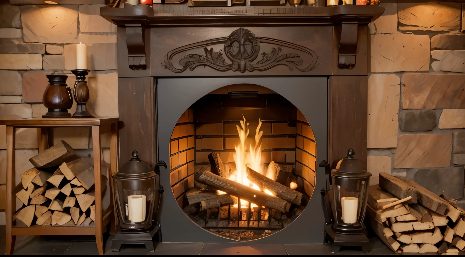 a cozy adorned woooden fireplace, pile of firewood aside,a cup of coffee aside, a cozy and warm ambience, old brick wall