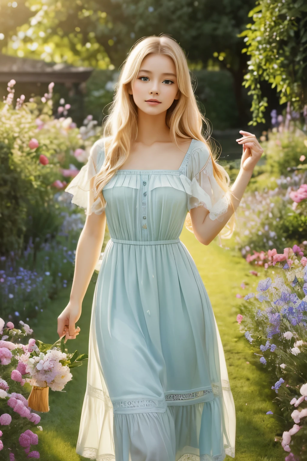 Girl with flowing blond hair and charming blue eyes, 穿着grace的白色连衣裙, Standing in the middle of a vibrant garden，Flowers blooming in the garden，Greenery. The sun gently illuminates her delicate features, Casts a soft glow on her flawless skin. She holds a delicate butterfly in her hand, The breeze swirled around her, Let the flowers dance. The scene was captured in a stunning oil painting, Every detail is carefully crafted，Create a masterpiece. Bright and vivid colors, With a hint of ethereal soft tones, Gives artwork a dreamlike quality. Lighting is soft and diffuse, Create a peaceful and peaceful atmosphere. High-resolution images showcase the artist&#39;s impeccable skills, Capture every intricate detail with precision. The overall atmosphere exudes a sense of beauty, grace, and enchantment. the artwork is reminiscent of classical portraiture, With a touch of fantasy and whimsy, Evoke emotions of wonder and awe.
