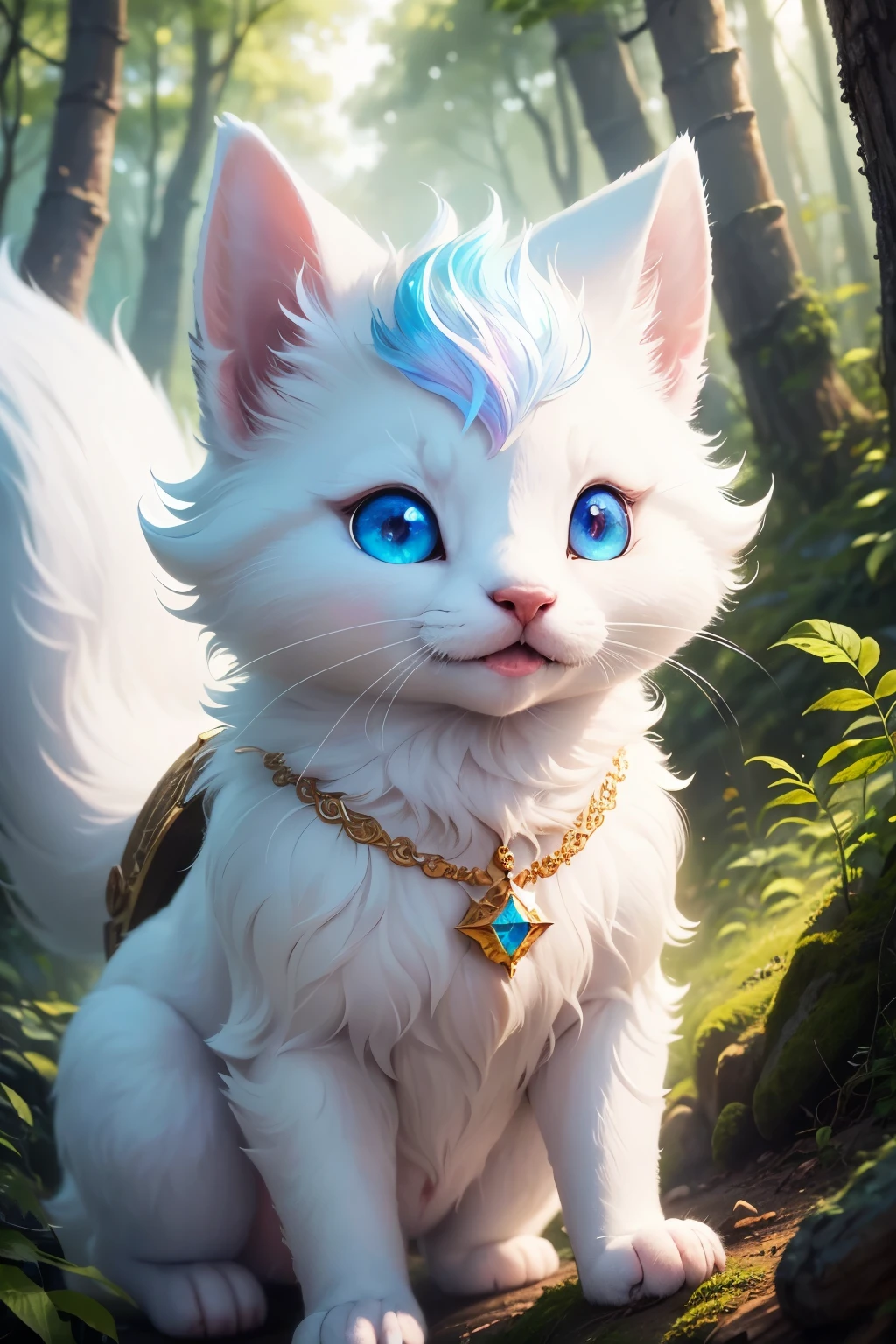 best quality, super fine, 16k, furry, funny, white fluffy cute weasel, surprised expression, cute pose, in the forest, fantasy world image, variety of visual styles that combine various artistic elements like a sparkling iridescent pastel and vivid colors