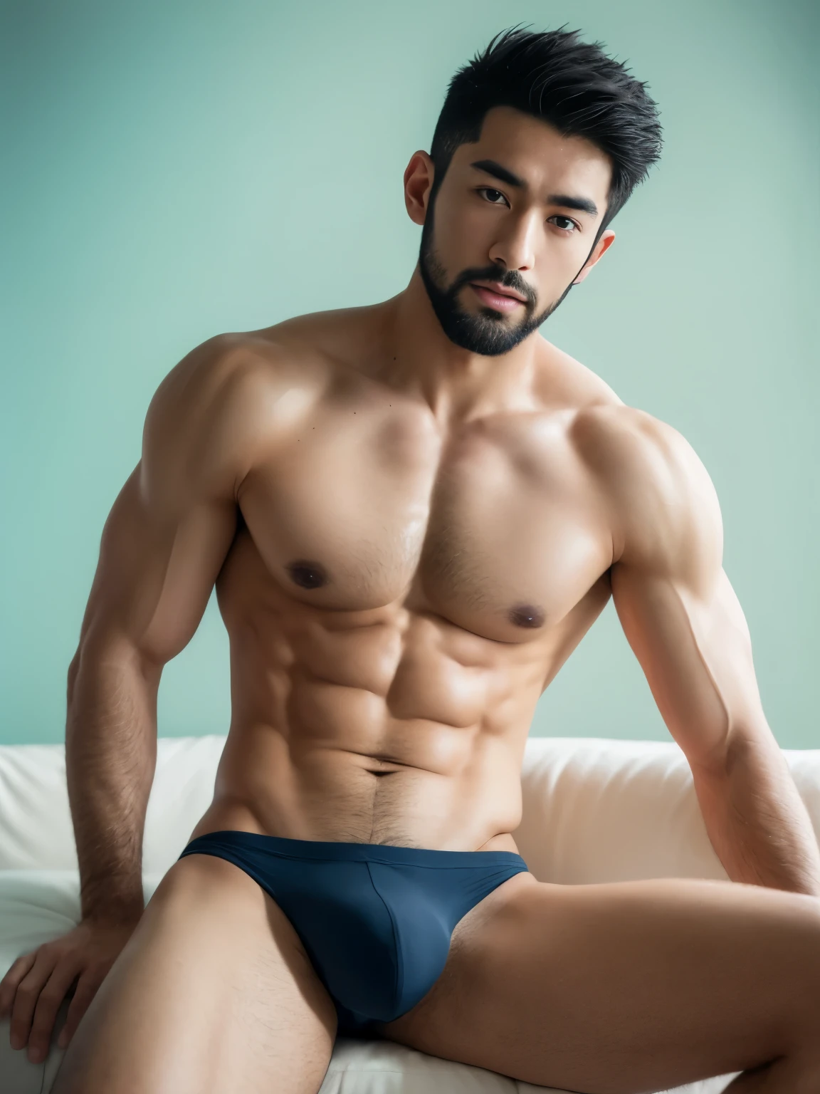 Arafed man in a briefs, handsome man, handsome guy, Full Body Shoot, photoshoot, beard, a little beard, male underwear, briefs, portrait, look at camera, detailed facial parts, Manly, Charmer, Active Boy, sitting, sitting on sofa, legs opened, harness, furious expression, perfect anatomy, symmetric body, asian boy 25-year-old, shirtless :: high detail, asian, a little six packs attractive body, realistic, human skin, handsome chad chin, shirtless, handsome, lean muscle, attractive, slim, masculine, sexually attractive, human skin, (eyes contact), Handsome, Attractive, bulge in briefs, The crotch is raised, bright tone, pastel background, realistic