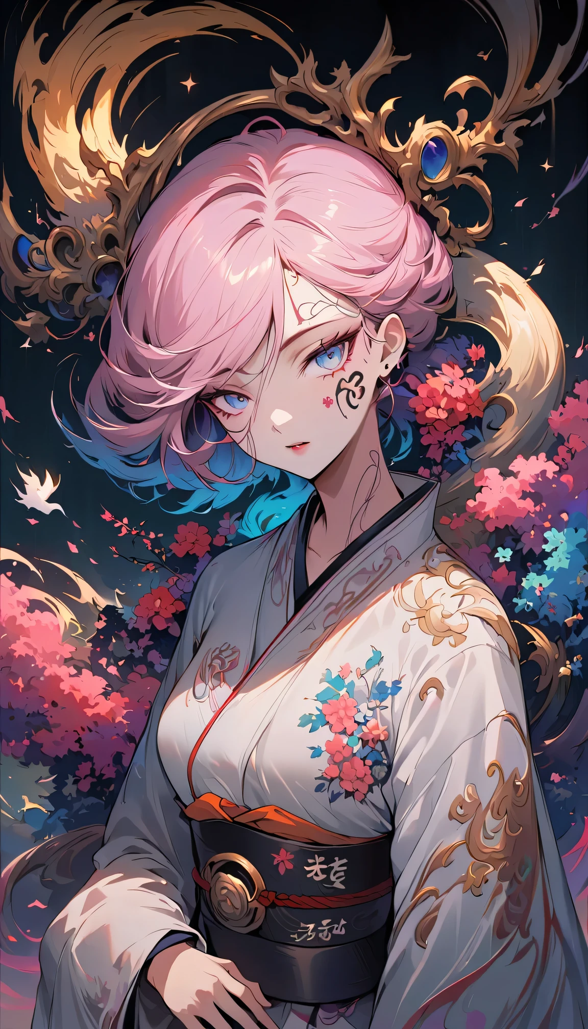 surreal, Very detailed, and a high resolution 16k image of a young woman, Beautiful female ghost or guardian angel. She has light pink hair and translucent skin, Wearing a traditional Japanese kimono，face tattoo(Meaningful Chinese character writing:1.1)，There is a small cherry blossom pattern on the belt. The image captures the ethereal beauty and mystery of the world. Style inspired by sophistication, Soft aesthetics in traditional Japanese art.