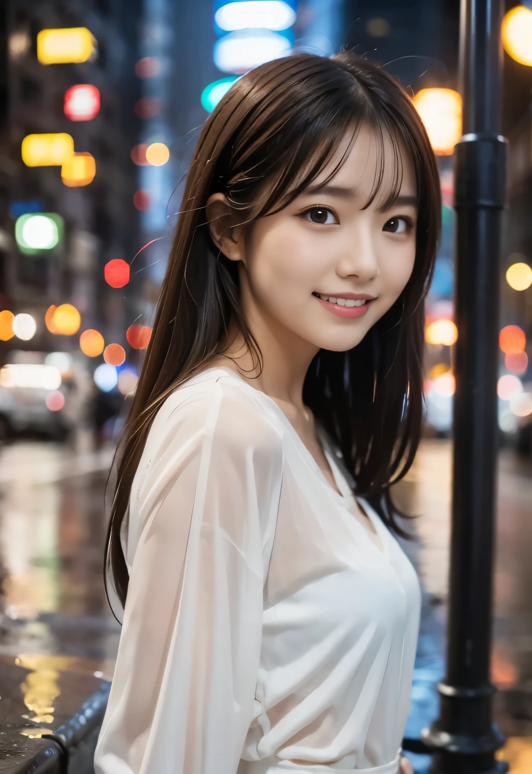 (((Rainy City:1.3, outdoor, Photographed from the front))), ((long hair:1.3,umbrella,blouse,japanese woman,Smile,cute)), (clean, natural makeup), (highest quality, masterpiece:1.3, 超High resolution), (Super detailed, caustics), (realistic:1.4, RAW shooting), very detailed, High resolution, 16K resolution