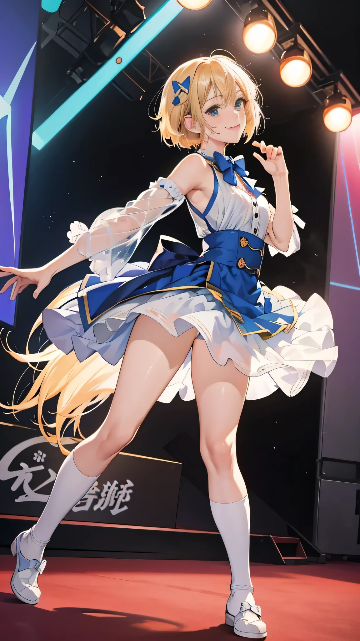 (RAW photo:1.2, photorealistic:1.3), masterpiece:1.4, best quality:1.3, Highest details:1.3, beautiful and aesthetic, extremely detailed CG unity 8k wallpaper,( vibrant colors:1.1), high resolution, see-through white short dress and a bow tie, anime visual of a cute girl, official character art, anime girl, official art, single character full body, anime full body illustration, full body portrait of a short!, female anime character, as an anime character, a-1 pictures, full body with costume, rei hiroe, anime best girl, blond bob hair, on the stage, dynamic pose, dancing, smile, full of sweaty