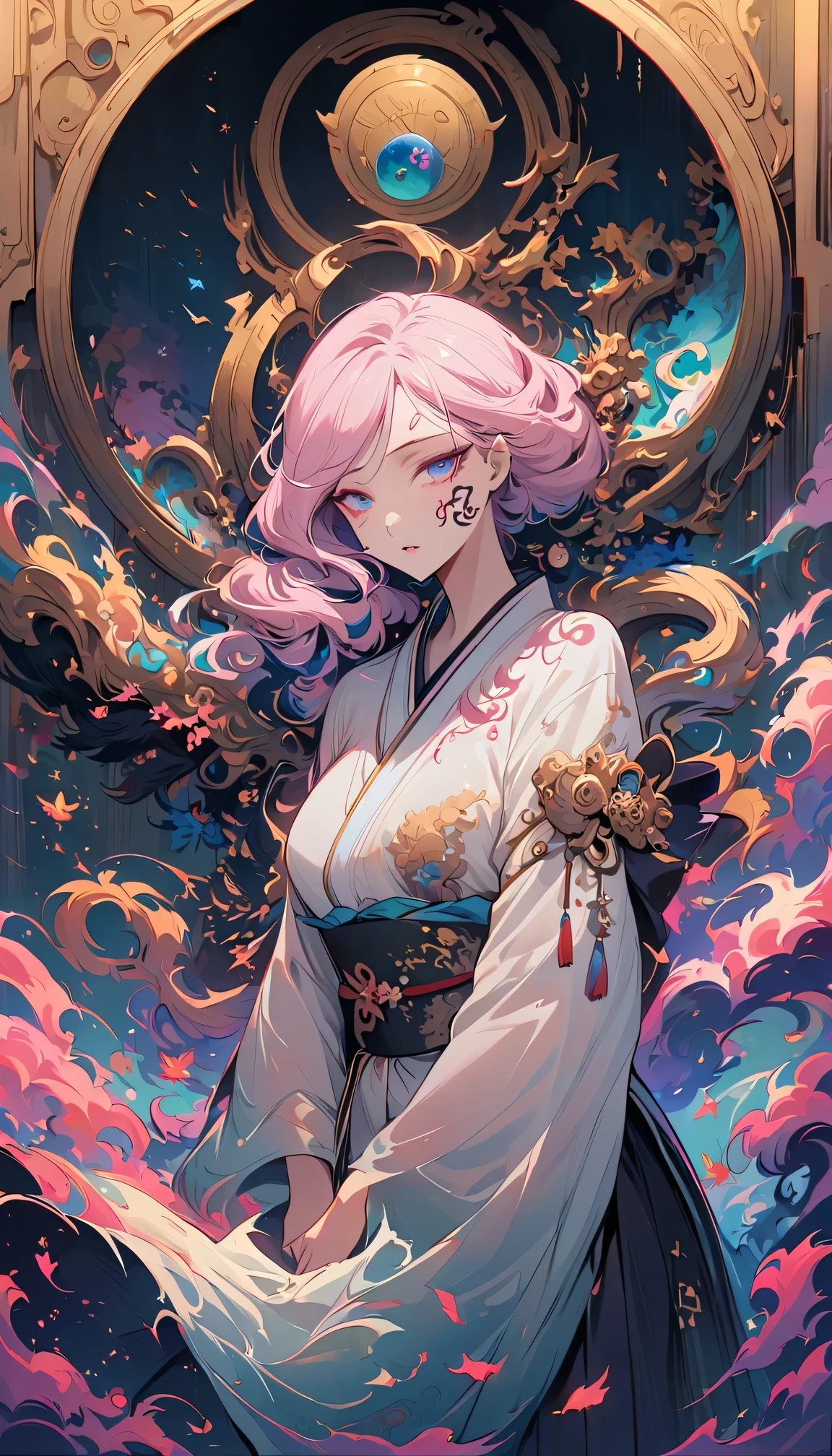 surreal, Very detailed, and a high resolution 16k image of a young woman, Beautiful female ghost or guardian angel. She has light pink hair and translucent skin, Wearing a traditional Japanese kimono，face tattoo(Meaningful Chinese character writing:1.1)，There is a small cherry blossom pattern on the belt. The image captures the ethereal beauty and mystery of the world. Style inspired by sophistication, Soft aesthetics in traditional Japanese art.