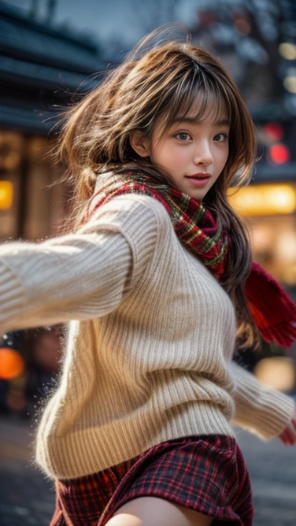 (best quality,8k,32k,highres,masterpiece:1.2),ultra-detailed,(beautiful detailed eyes), (a lovely Japanese woman,fringe), 23 years old, 1 girl in an elegant,(detailed background depiction,Potlet:1.2),(running:1.5), (lighting, Christmas:1.4),(sweater,wool scarf,plaid skirt:1.1), (shooting:1.3), blushing, smiling, (from a low-angle perspective:1.45)