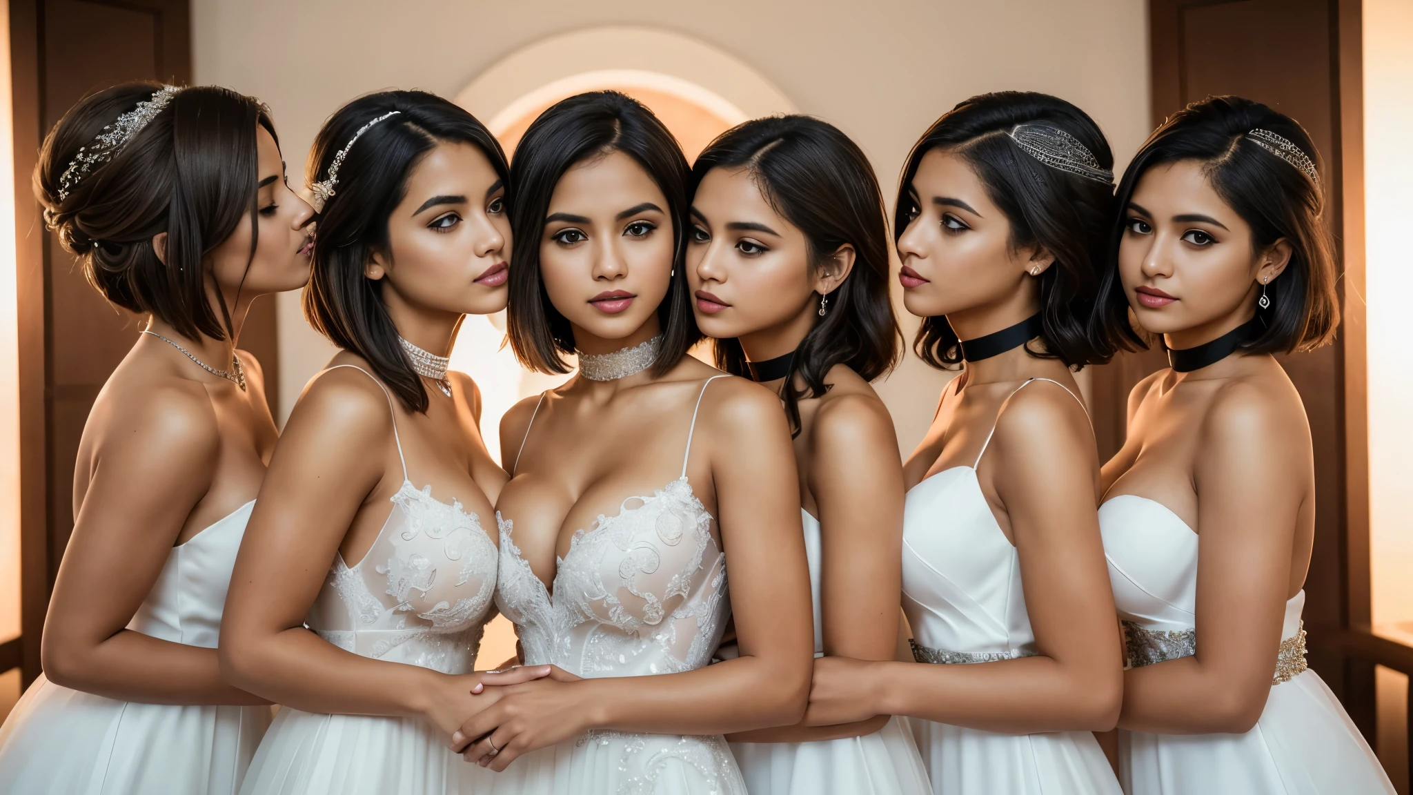 Isabel Merced, group of girls in colored wedding dresses, (long bob_cut hair), choker, (kissing:1.3), (skin texture:1.1), (high detail face:1.1), full bodyshot, high detail body, high detail clothes, (:1.3),(masterpiece), (realistic), ultra high definition, 4k, ultra high resolution, cinematic lighting, rim lighting, photo by Arny Freytag, RAW image