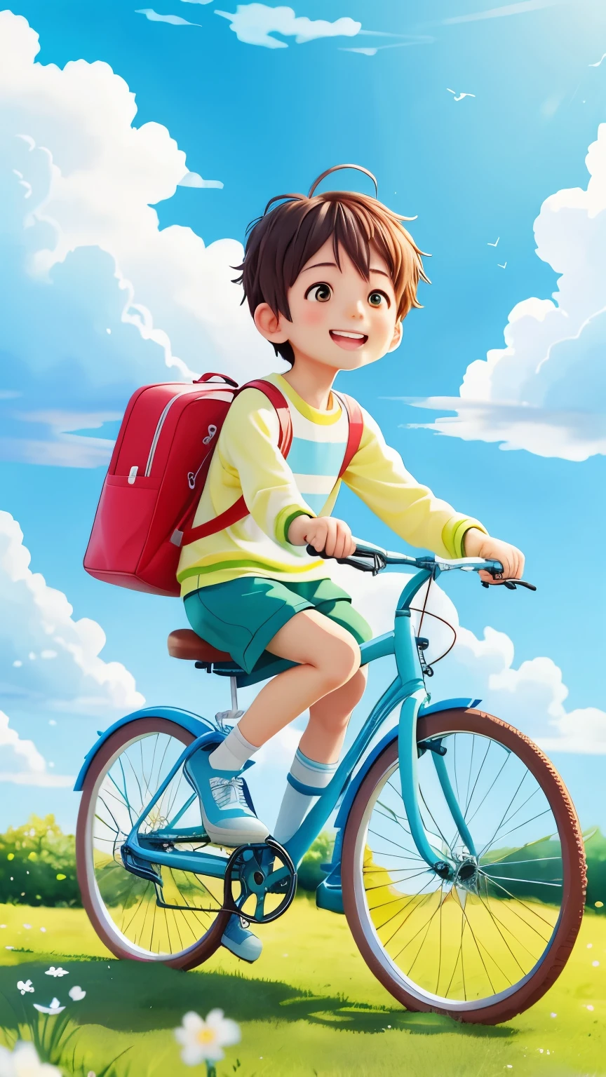 一名5岁男孩Riding a bicycle往前冲,Riding a bicycle,Blue sky and white clouds background,green grass, Cute cat carrying a book bag,Wearing green striped long sleeves,green shorts ,Green Gaobang Socks,green high top shoes,full body pictures, A cute smile on his face,Handsome short hair,Background blue sky and white clouds,happy, happy, Perfect quality, Clear focus (clutter - home: 0.8), (masterpiece: 1.2) (actual: 1.2) (Bokeh) (best quality) (Delicate skin: 1.3) (intricate details) (8K) (Detailed eyes) (sharp focus), (happy)