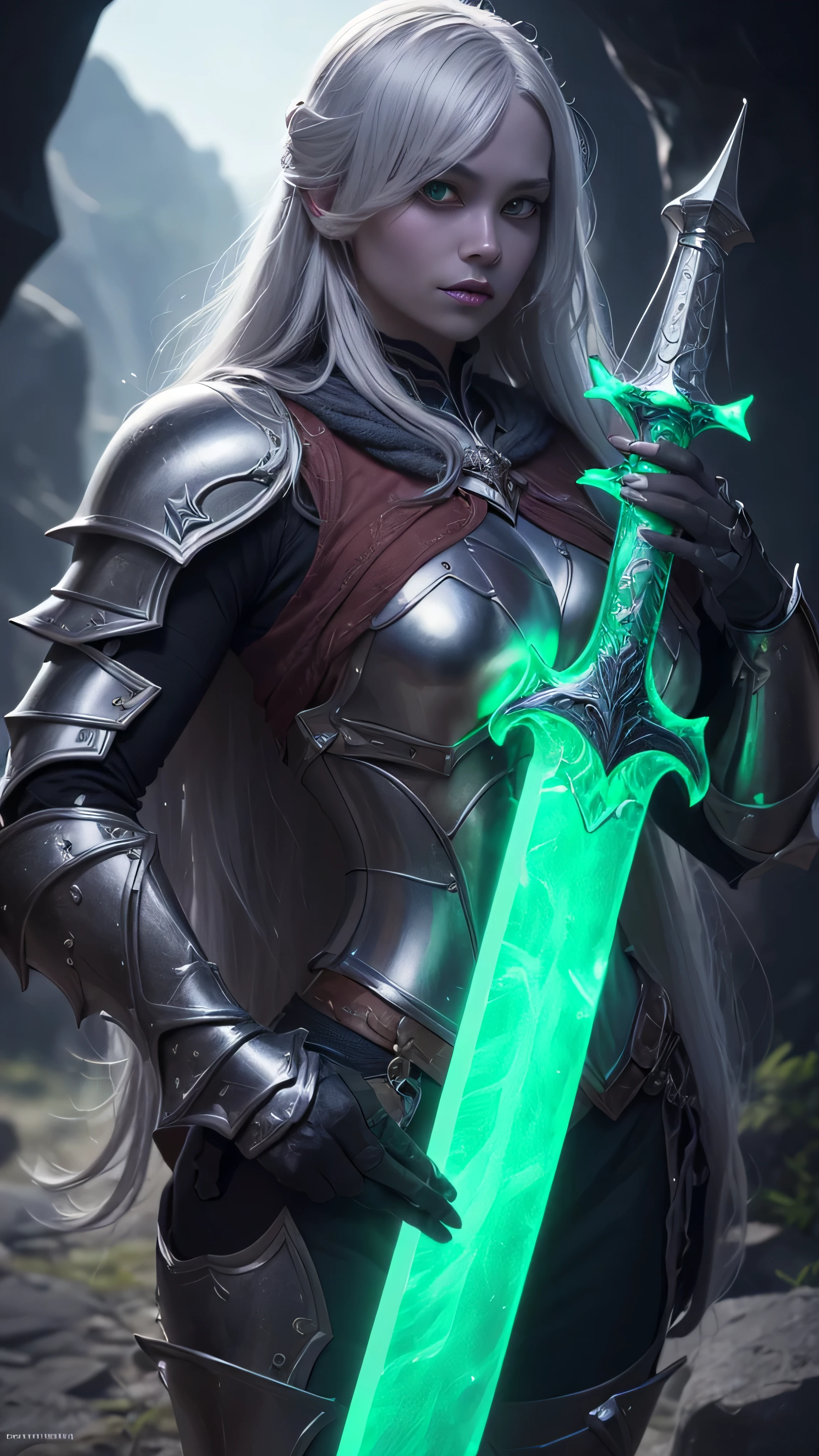 (masterpiece:0.8, best quality:1.5), intricate:1.8, (((((ONE gigantic glowing emerald sword, etched, engraved)), underground shadow cavern, fujifilm, 8k, depth of field, bokeh))), BREAK; far away woman paladin (((drow, medieval armor black chrome perfectchainmail)))