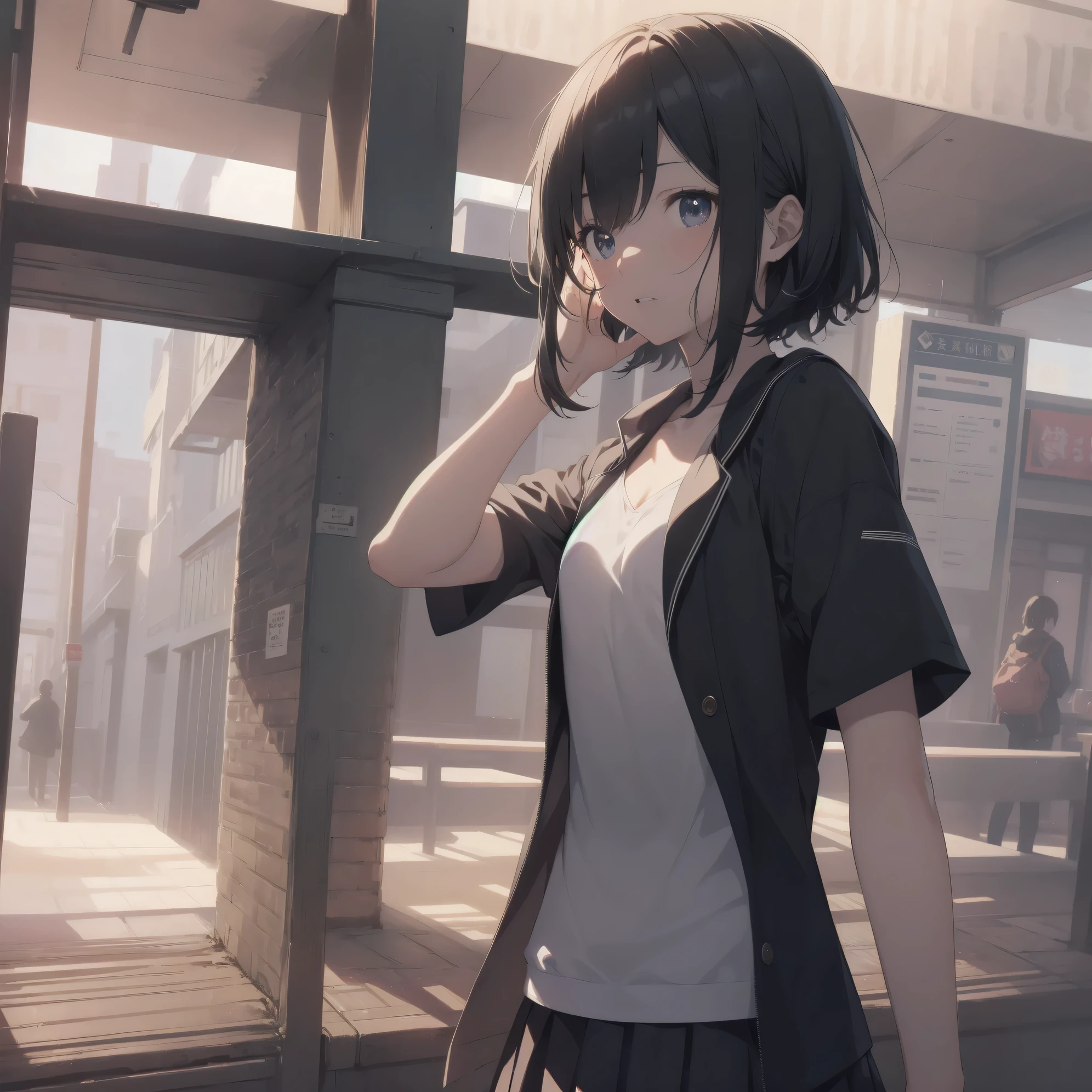 ultra-absurdres-Top quality by artist God, ultra-detailed, high resolution, anime moe artstyle, best anime 8k konachan wallpaper, pixiv contest winner, perfect ???????,break, 1girl, (Please draw a girl walking sleepily to school alone. )break,(Solo,little female, 13-year-old:1.3),Full limbs, complete fingers,a junior high school student, Attractiveness of immature bodies, (very short hair), short cut, flat chest, , small butt, small black eyes, beautiful detailed eyes, well-proportioned iris and pupils, expressive eyes, highres detailed hair, soft expression, school_uniform, white shirt, pleated skirt,(Detailed Lighting), (Detailed background), in the School commute route. break,super detailed skin, Best cinematic lighting powered by famous artist, 8k,beauty illustration,photoshop_(medium),very aesthetic,break,((artist:unasaka ryou )), artist:akinashi yuu ,artist:oyari ashito ,artist:kantoku ,