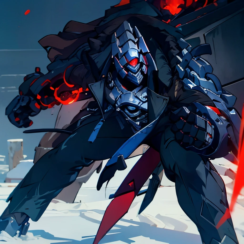 Svarog,robot,mecha,boy,black jacket, blue body,black shoes, black pants,1 eye,red robot eye