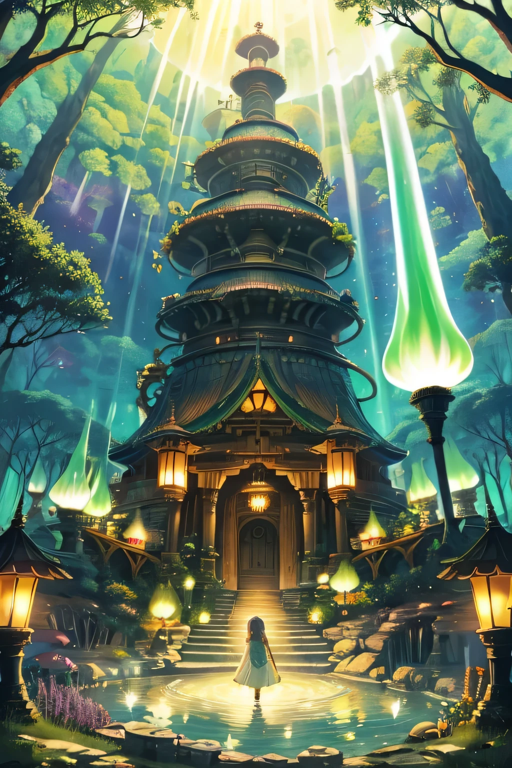 ((highest quality)), ((masterpiece)), (be familiar with), fantasy、underground city、underground lake、Elven Village、mushroom、aurora、Fairies