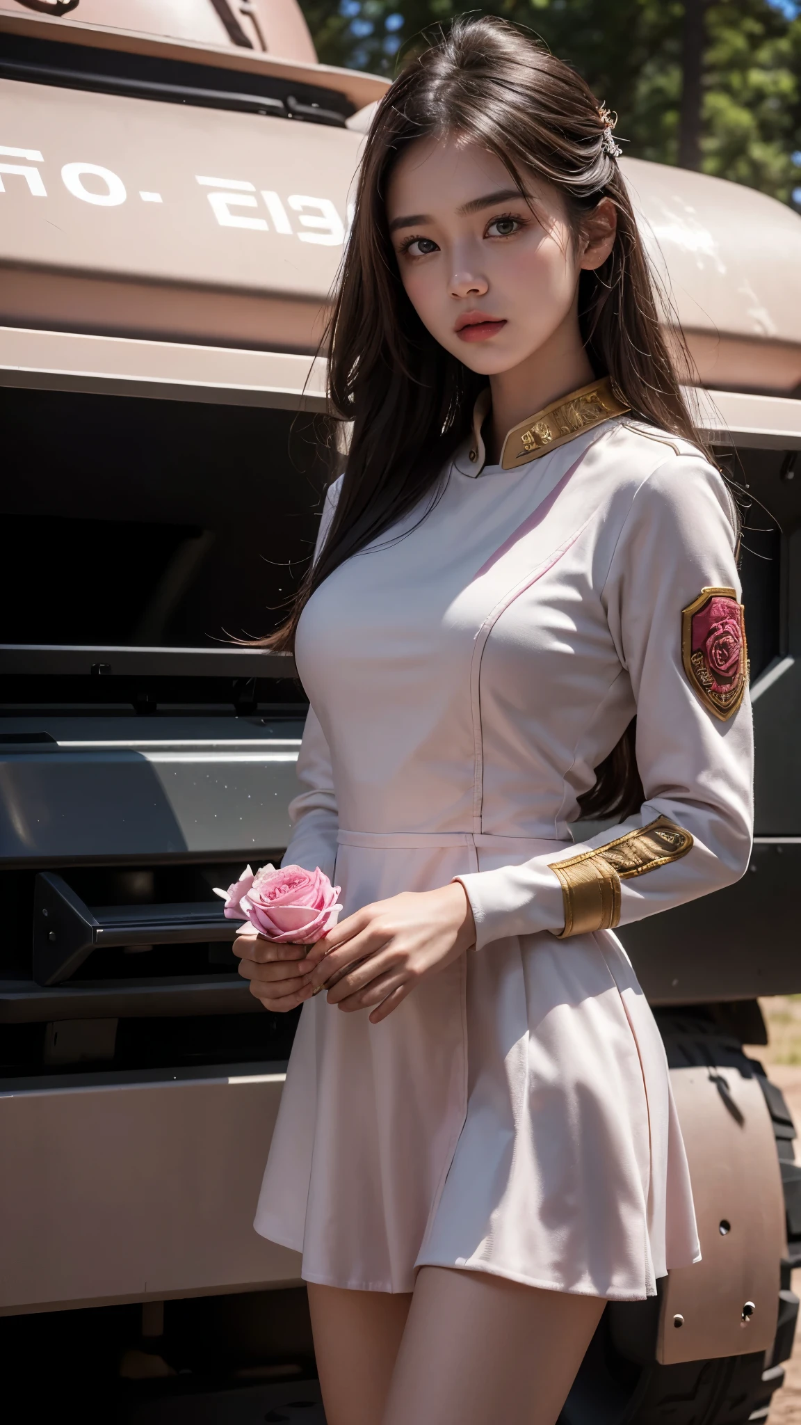 8k, highest quality, ultra detailed:1.37), Eliana, ((18 years)), a beautiful Asian girl, ((proudly stands in a military uniform)), representing her role as a soldier. She wears a fitted pink dress. The high-resolution image captures ultra-detailed realism, highlighting Eliana's determined expression, piercing eyes, and confident stance. The backdrop showcases an forest, adding to the authenticity and significance of the image. This visually striking representation showcases Eliana's strength and dedication as a soldier, cute knees, Lake, Pine trees, ((Detailed face)), ((Perfect body figure)), ((Detailed hair)), ((Detailed Dress)), Tanker, Army vehicle, ((S-500 missile launcher)), Missile fired from Launcher, 64k, Armour vehicles, ((Pink rose flower in Hand)), (( Detailed background)), ((detailed skin)), ((detailed Armour vehicles)), (General Badges on chest), Sexy angle, Stylish look, 