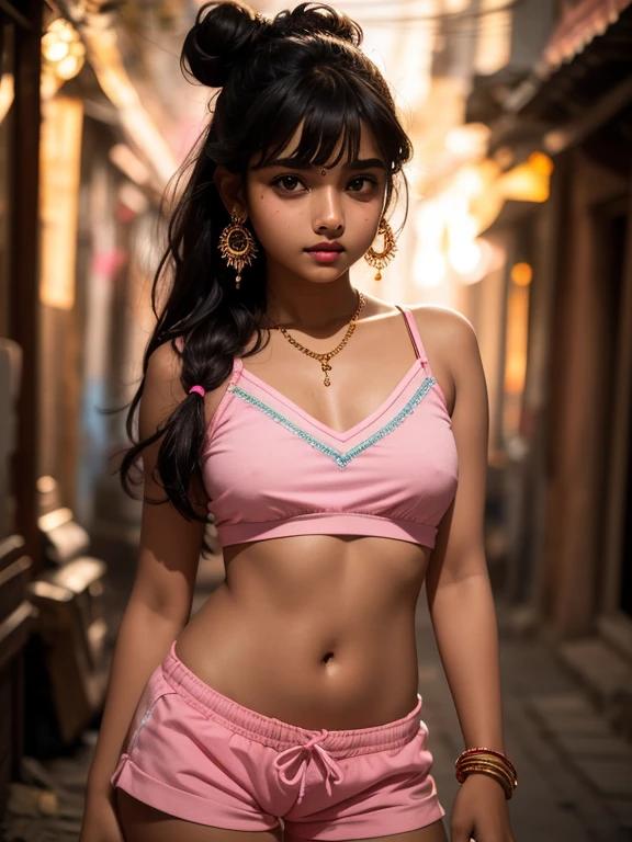 Indian girl  sexy girl innocent face in v neck mini tube top very cute glowing face, night vision
(ultra realistic,32k, masterpiece:1.2),(high detailed skin:1.1),( high quality:1.1), looking at viewer, (beautifully lit:1.1), blurry background, black puffed bun hair, bangs, (pink lips:0.9), mascara, bindi,  short shorts vibrant atmosphere 