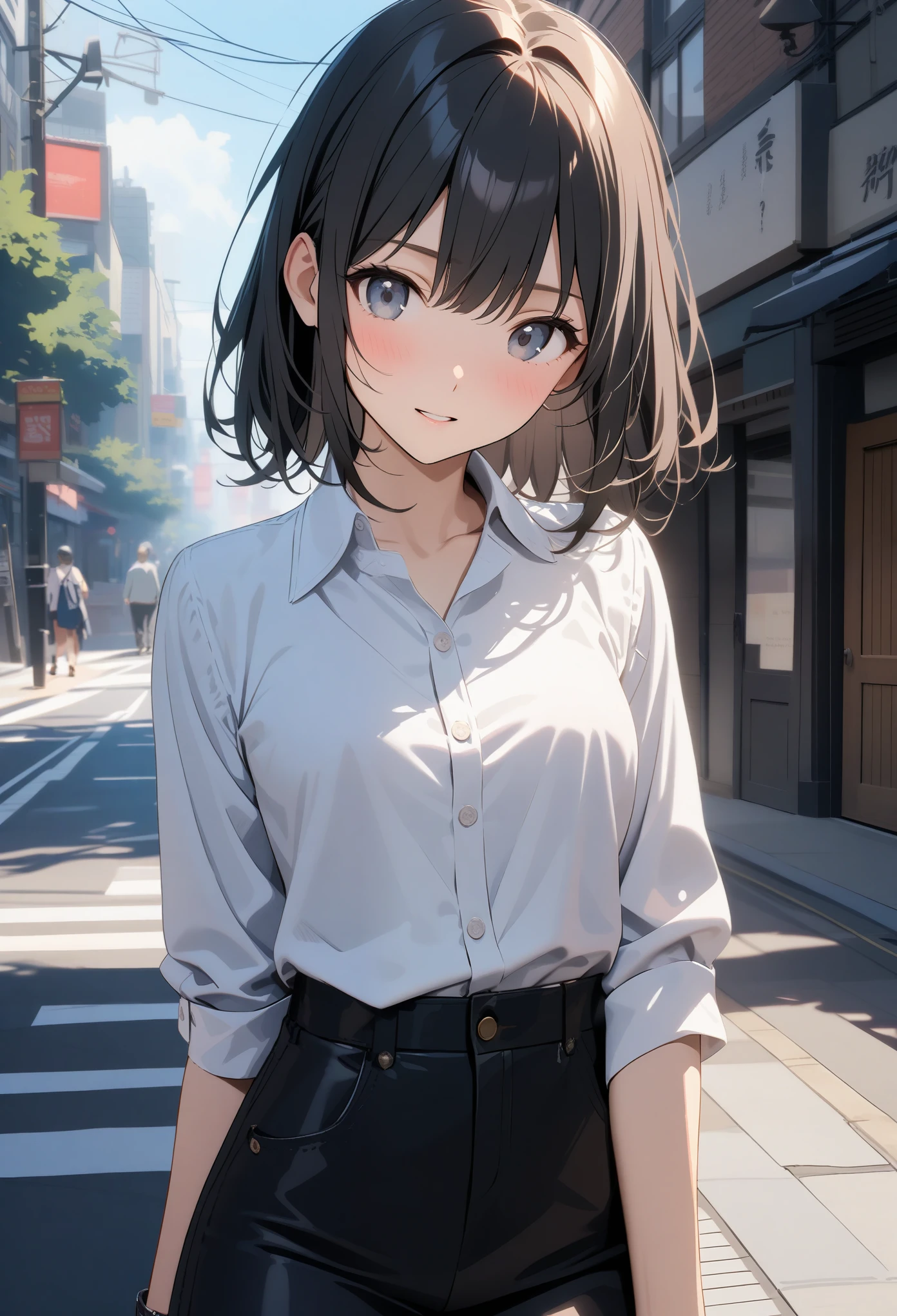 Global Illumination Rendering,1 beauty,black hair,A white collared blue shirt,lace,outdoor,street view,sunshine,clear sky,best picture quality,high quality,(Tall and firm breasts)