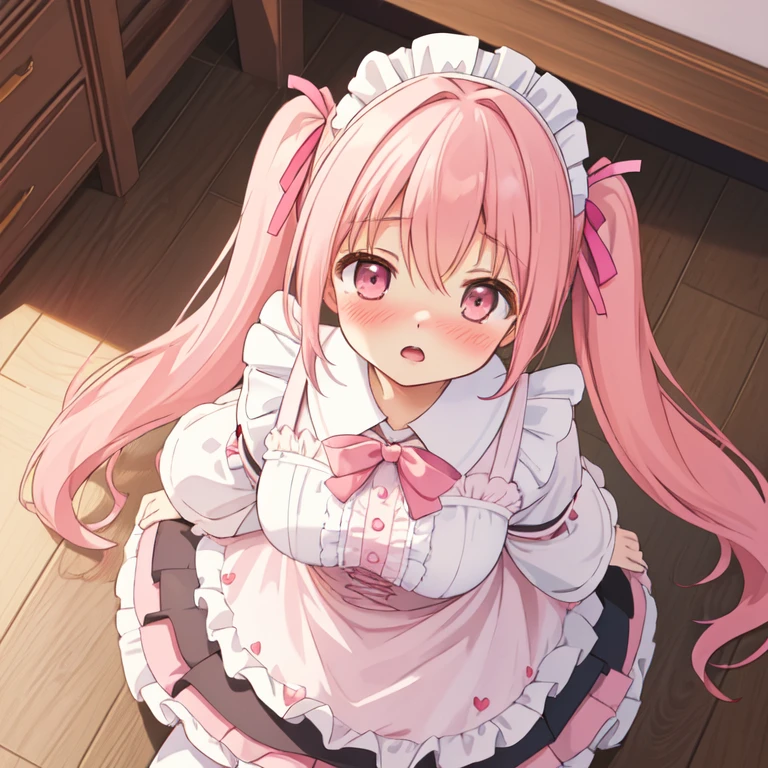 (best quality, masterpiece:1.2), illustrations, a cute girl, early teens, very lovingly face, twintails, pink hair, maid wear, (blush, aroused, open mouth:1.2), kneeling on wooden floor, in front of standing viewer, (from above:1.5), over looking, in the livingroom, nsfw,