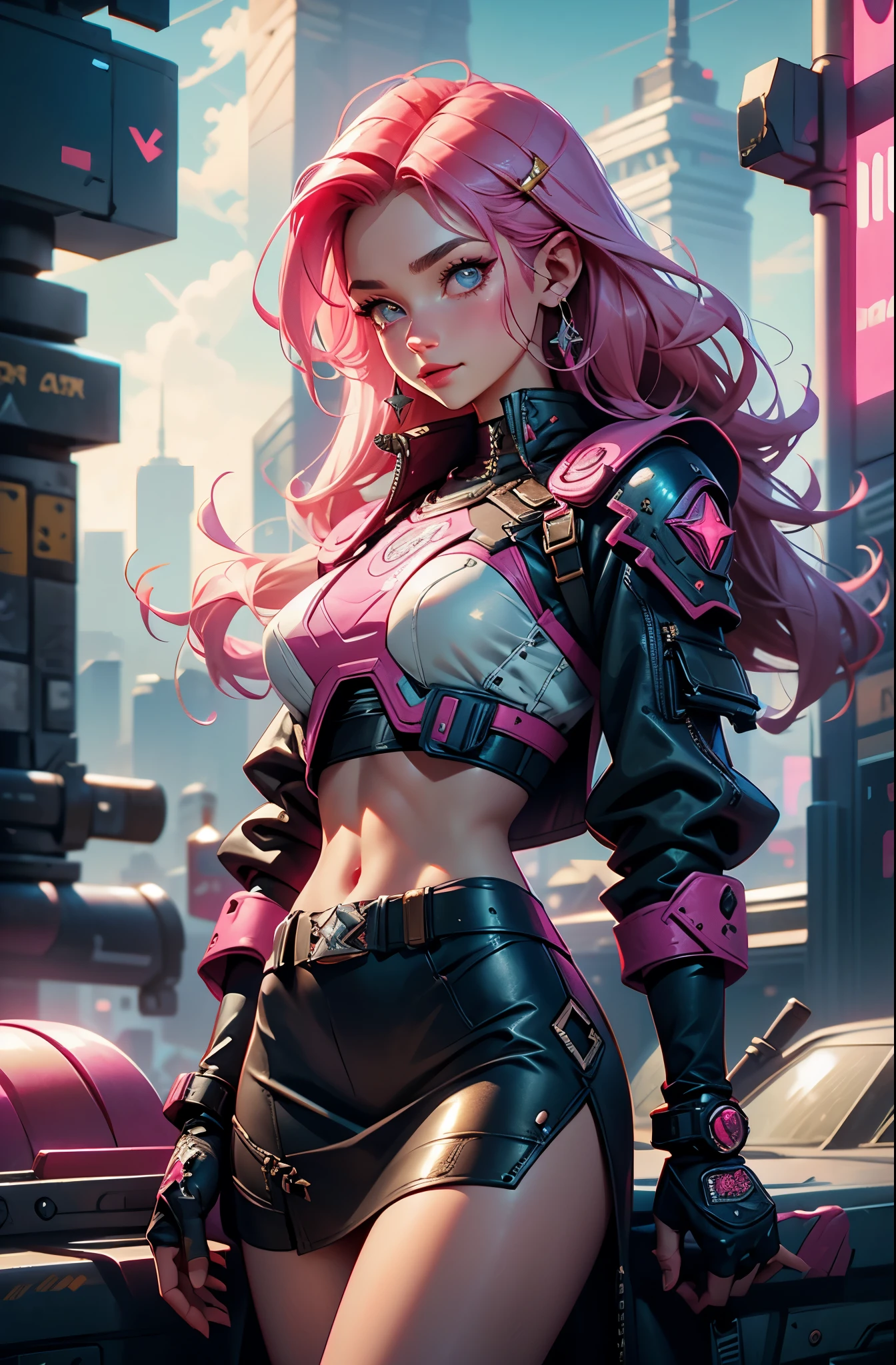 Pink and vibrant colors, cyberpunk 25, perfect, smiles, shoulder pads with metal spines, Brooklyn bridge, short short skirt, Heavy Metal inspired, white and gold crop top, leather protection on the left arm with intricate graphics, Dark red with white stars and white and navy blue checkerboard pattern, armor, intricate design, holding glowing orb