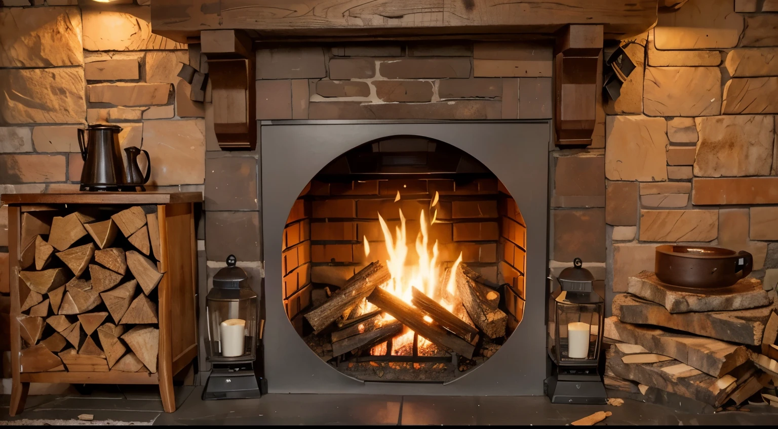 a cozy adorned woooden fireplace, pile of firewood aside,a cup of coffee aside, a cozy and warm ambience, old brick wall
