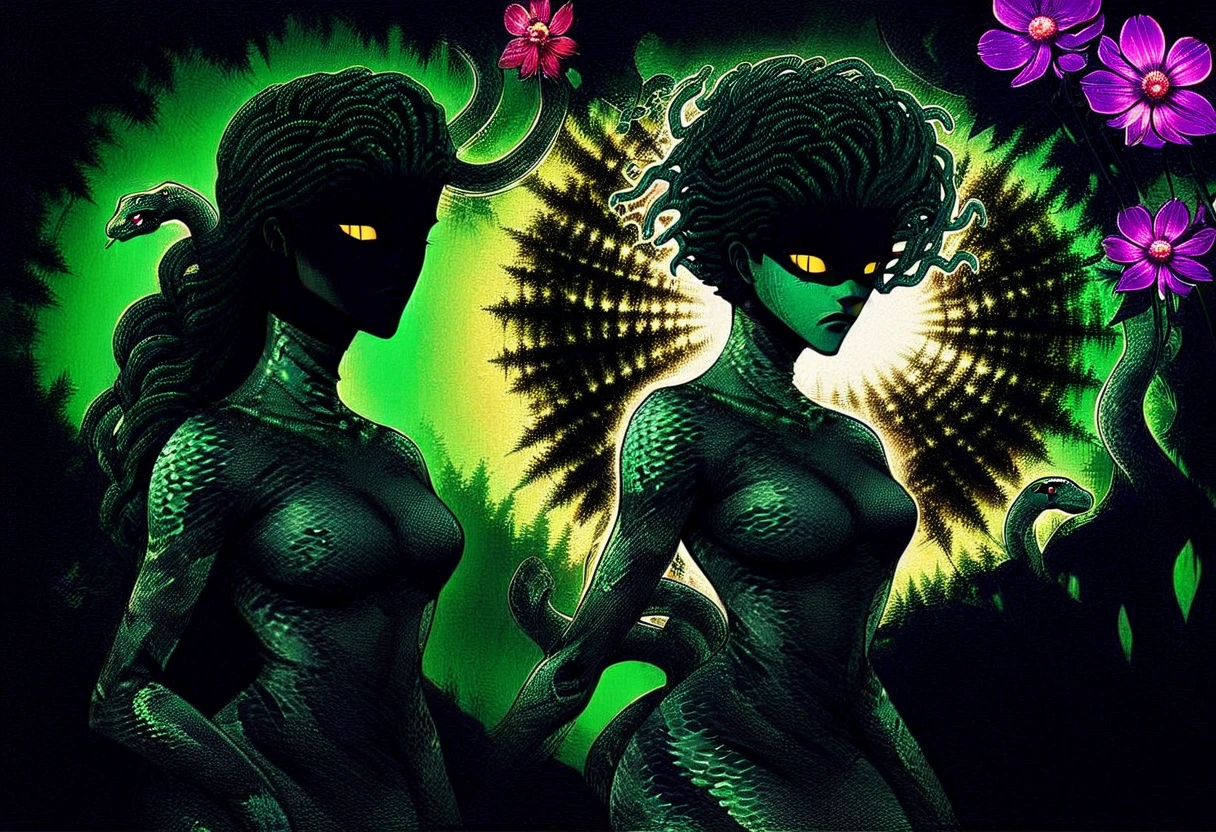 Medusa, splash page decompressed comic cover art, ink style figure, candid, snake skin dress, ((art style expressive Joelle Jones and "Sean Gordon Murphy" comic drawing)), cinematic poster double exposure, optical illusion, image within image, abyss void black no visibility darkness, full body portrait, (background, pine barrens, entropy, rewilding, magic hour sunset with galaxy stars, cosmos), (horror, abstract, surreal, body, cosmic), body drawn in Frederic Delavier musculature anatomical illustration art style, (face, ornate black metal corpse paint, resembles Grace Jones), (body, Naga, snakefolk, lower body snake tail, snake woman hybrid, bald, hairless, skeleton, snake skin tattoos, piercing eyes, snake pupils, over the shoulder), (colors, merge bleak muted deep fiery radiant glowing ROYGBIV, forest green to earth brown), craftsmanship nuance, (art style Gerardo Zaffino charcoal), subliminal orchids, nyctophobia, (wordless, single image), silhouette