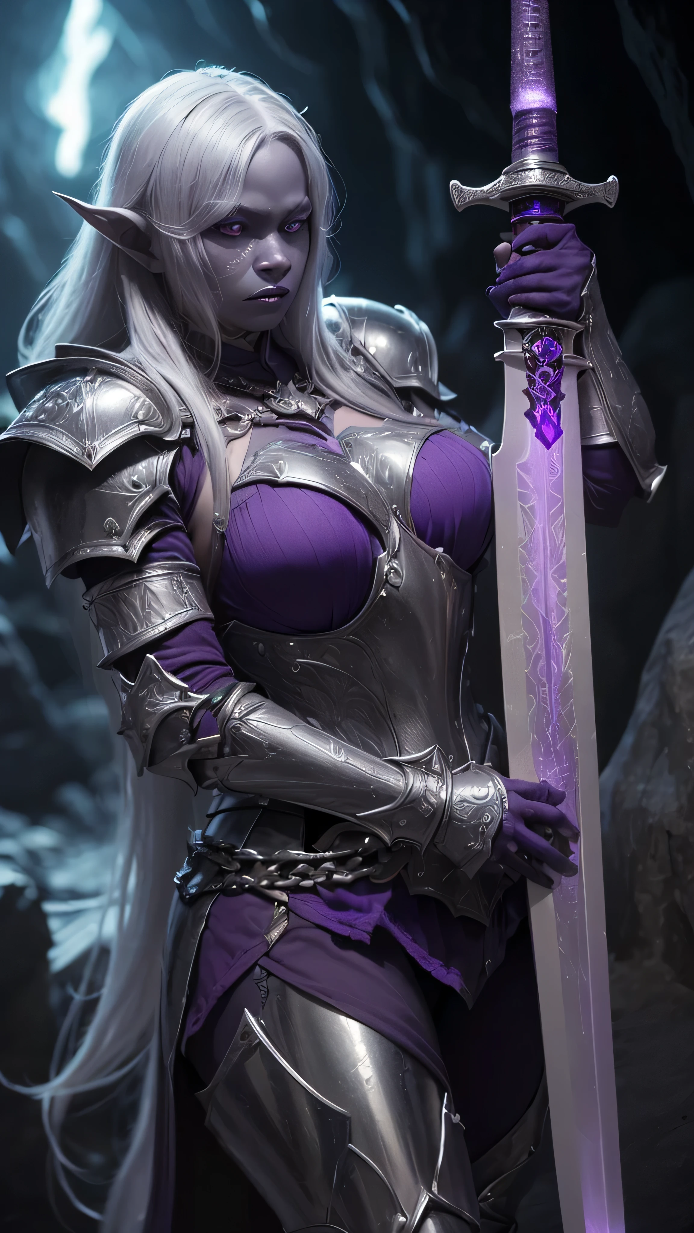 A-D&D Elf with white hair, purple eyes, in sexy armor, extremely large tits, full body pose