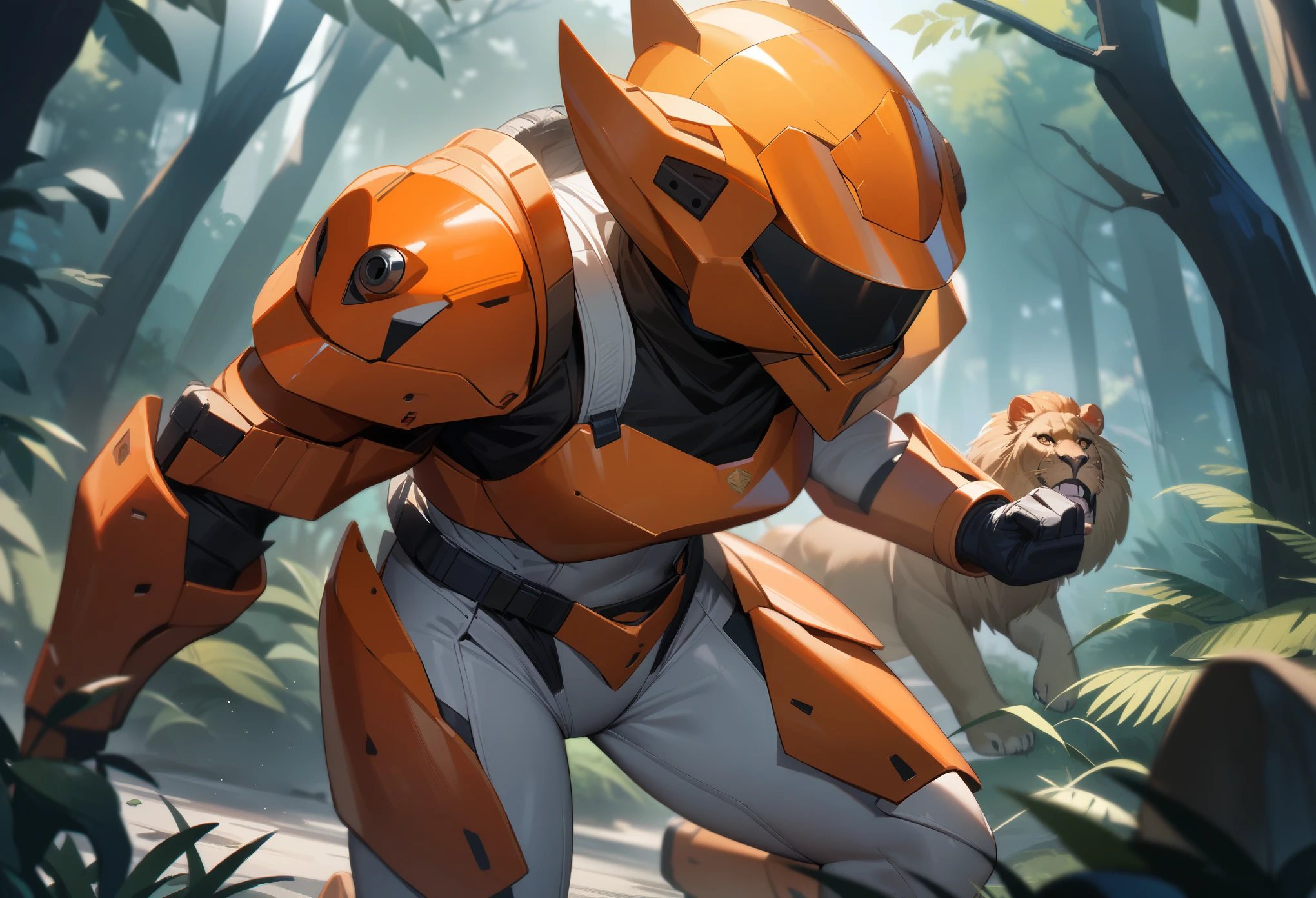 1girl,solo,Sala,original,full face helmet,no face ,no hair,white body suit,orange heavy armor,dark forest,jungle,girl fighting at lion,Science fiction,ultra-detailed,sharp focus,aesthetic,(best quality)