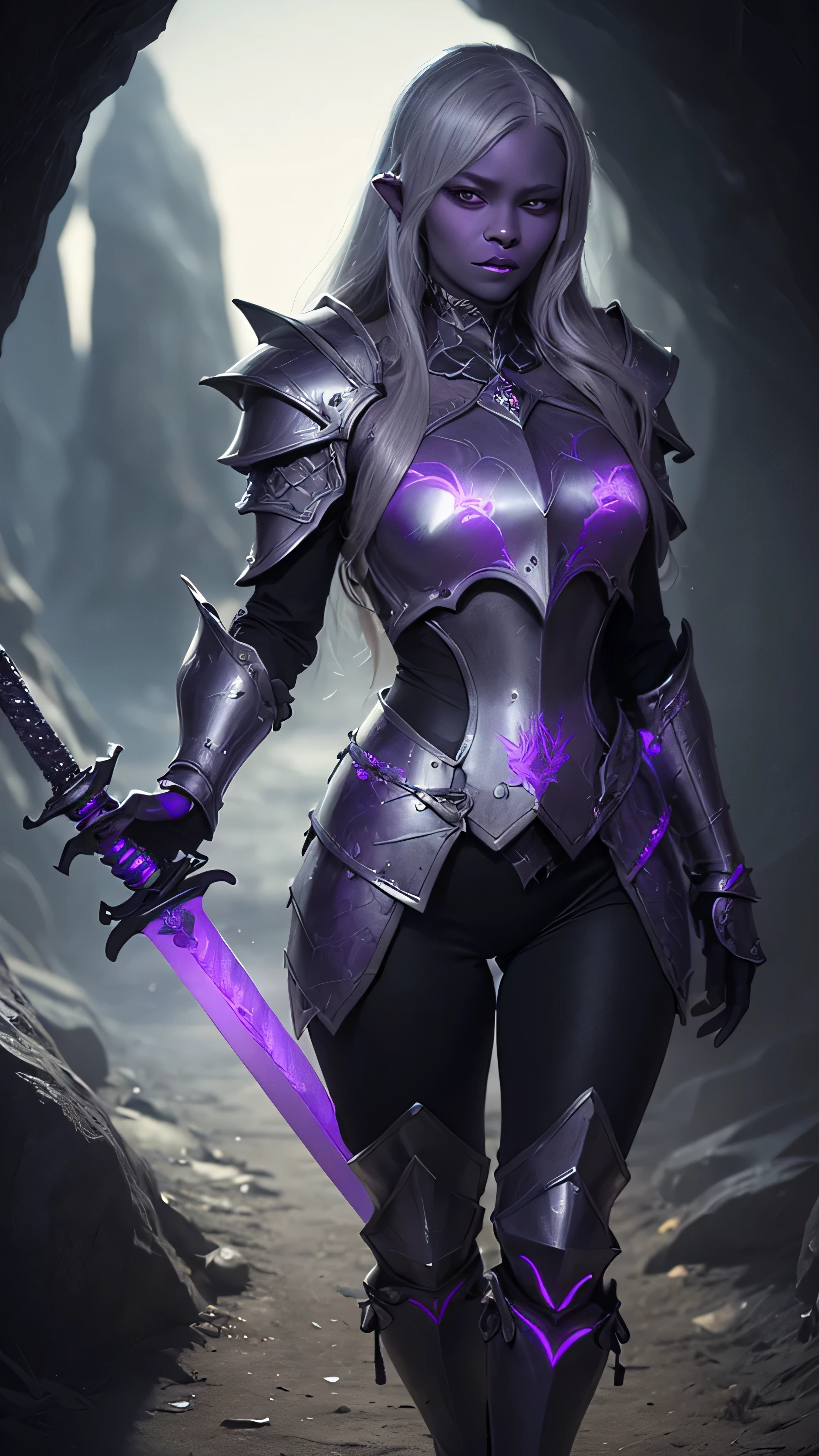 (masterpiece:0.8, best quality:1.5), intricate:1.0, (((((ONE gigantic glowing purple sword, etched, engraved)), underground shadow cavern, fujifilm, 8k, depth of field, bokeh))), BREAK; far away woman paladin (((drow, medieval armor black chrome perfectchainmail)))