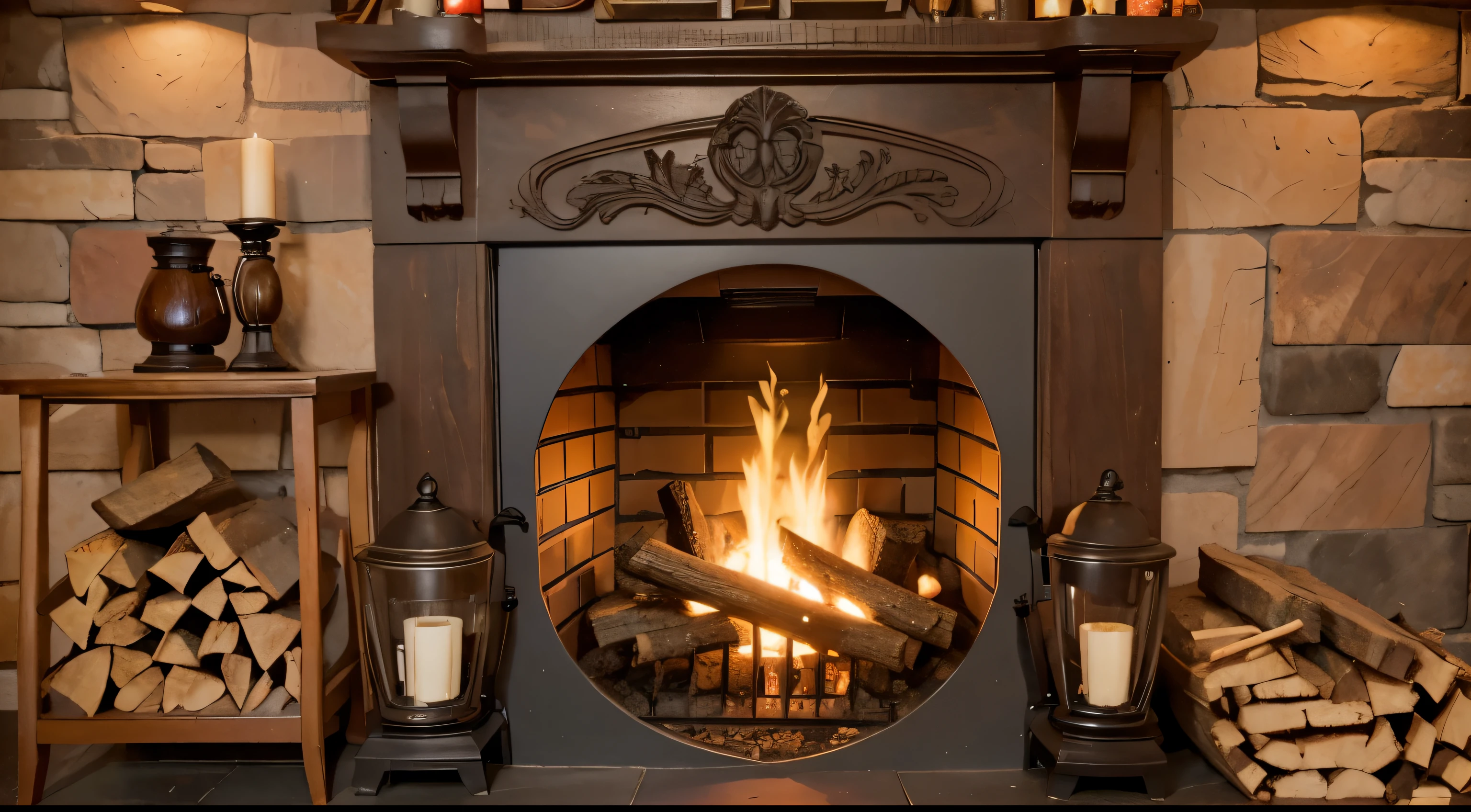 a cozy adorned woooden fireplace, pile of firewood aside,a cup of coffee aside, a cozy and warm ambience, old brick wall