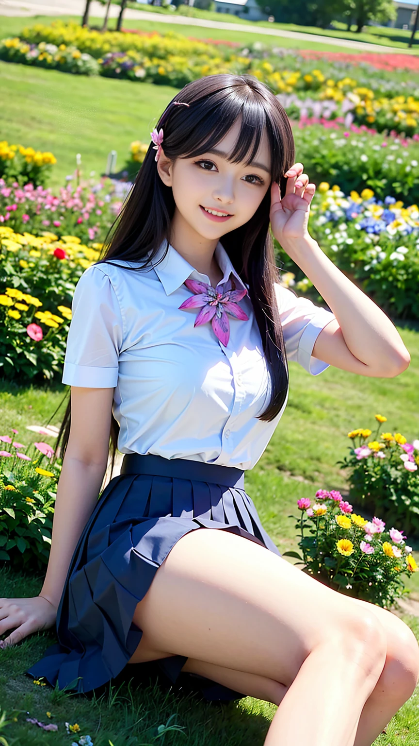 (one young girl), brown hair, (very detailed美しい顔), wonderful face and eyes, (expensiveest quality:1.4), (Super detailed), (very detailed CG 統合 8k 壁紙), very detailed, High resolution raw color photos, professional photography, realistic portrait, wonderful face and eyes, pink eyes, (expensive , pleated mini skirt:1.3), ((胸が開いたexpensive school uniform)), Idol、model, smile shyly, sitting, (open your legs), (((Bokeh))), written boundary depth, written boundary depth, ((grassland, flower garden)), (surrounded by many flowers, flowers:1.5), twilight, sunset, (view from below:1.3),A smile full of happiness、looks happy、slender、small breasts、Beautiful girl ranking top