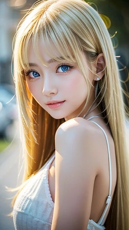 real photo quality、A very beautiful teenage girl、extraordinary sexy beauty、Beautiful calm and bright expression、sexy and refreshing look、Long bangs that fall on a perfect beautiful cute face、Super long blonde straight silky hair、blonde on a beautiful face、very cute beautiful sexy young little woman、very perfect beautiful cute face、Beautiful bright sky blue eyes、very big eyes、hair above eyes、片hair above eyes、hair between eyes、Very radiant white skin、cheek gloss