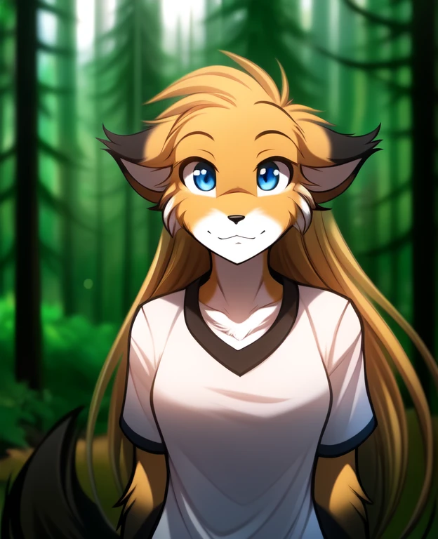 mike-twokinds, mike, twokinds, by tom_fischbach,, (best quality, masterpiece:1), solo, furry female anthro, blue eyes,long hair, black tip yellow hair, portrait, fingers, finger claws, looking at viewer, Fox tail, (outdoors dark forest trees blurry blurred background:1.1), shirt