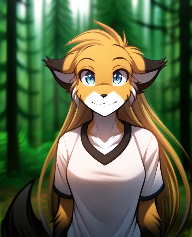 mike-twokinds, mike, twokinds, by tom_fischbach,, (best quality, masterpiece:1), solo, furry female anthro, blue eyes,long hair, black tip yellow hair, portrait, fingers, finger claws, looking at viewer, Fox tail, (outdoors dark forest trees blurry blurred background:1.1), shirt