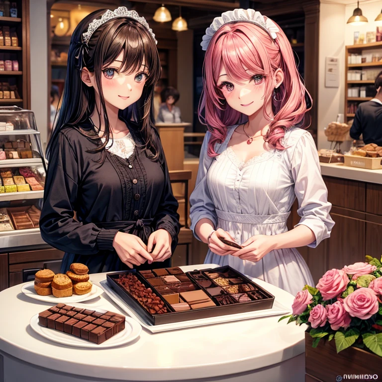 Venta de chocolate en un local rosa con personajes animados