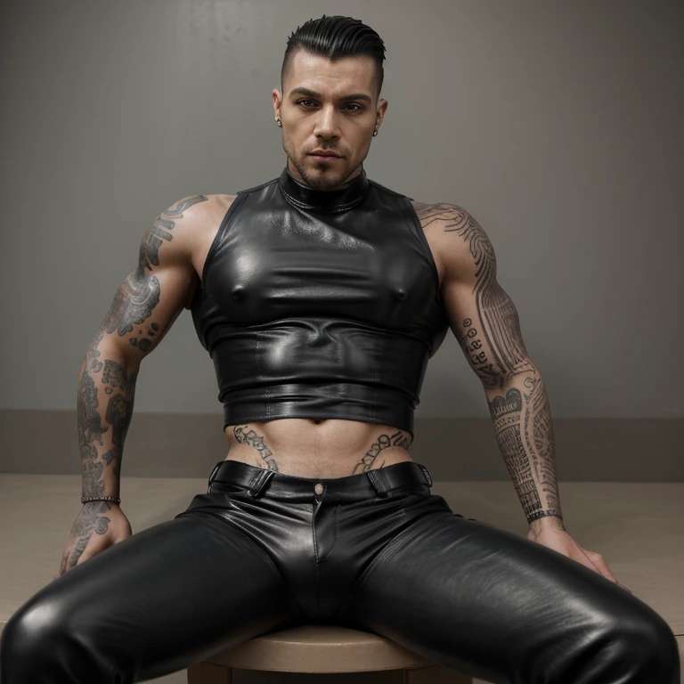 Homem louro, tatuado, musculoso, in black leather pants, lindo, olhos azuis, sensual.