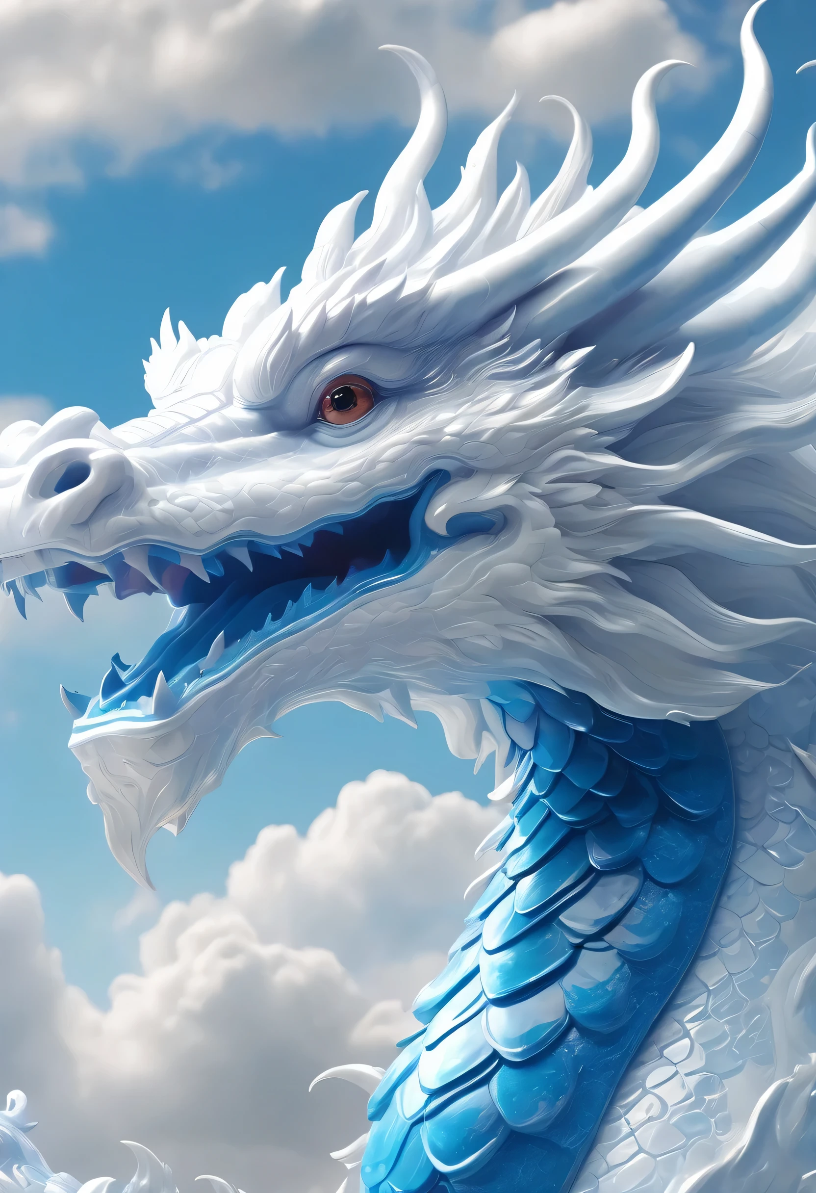 Super detailed,Super realistic,scales,detail,close up,Chinese dragon,In the clouds,Large white clouds,blue,texture,pattern,glass texture