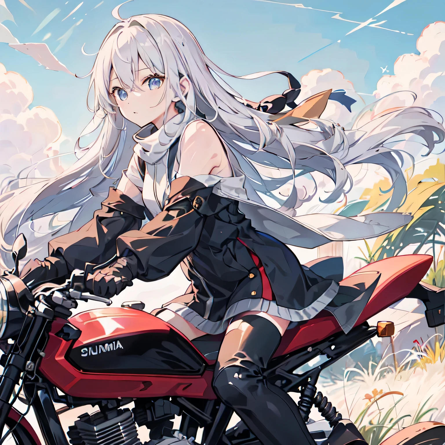 (Riding on motorcycle )、Goggles and helmet、 summer, Wind, scratch, sun,, Perfect face and blonde hair、Wearing a light summer dress、Delicate beauty in black boots、