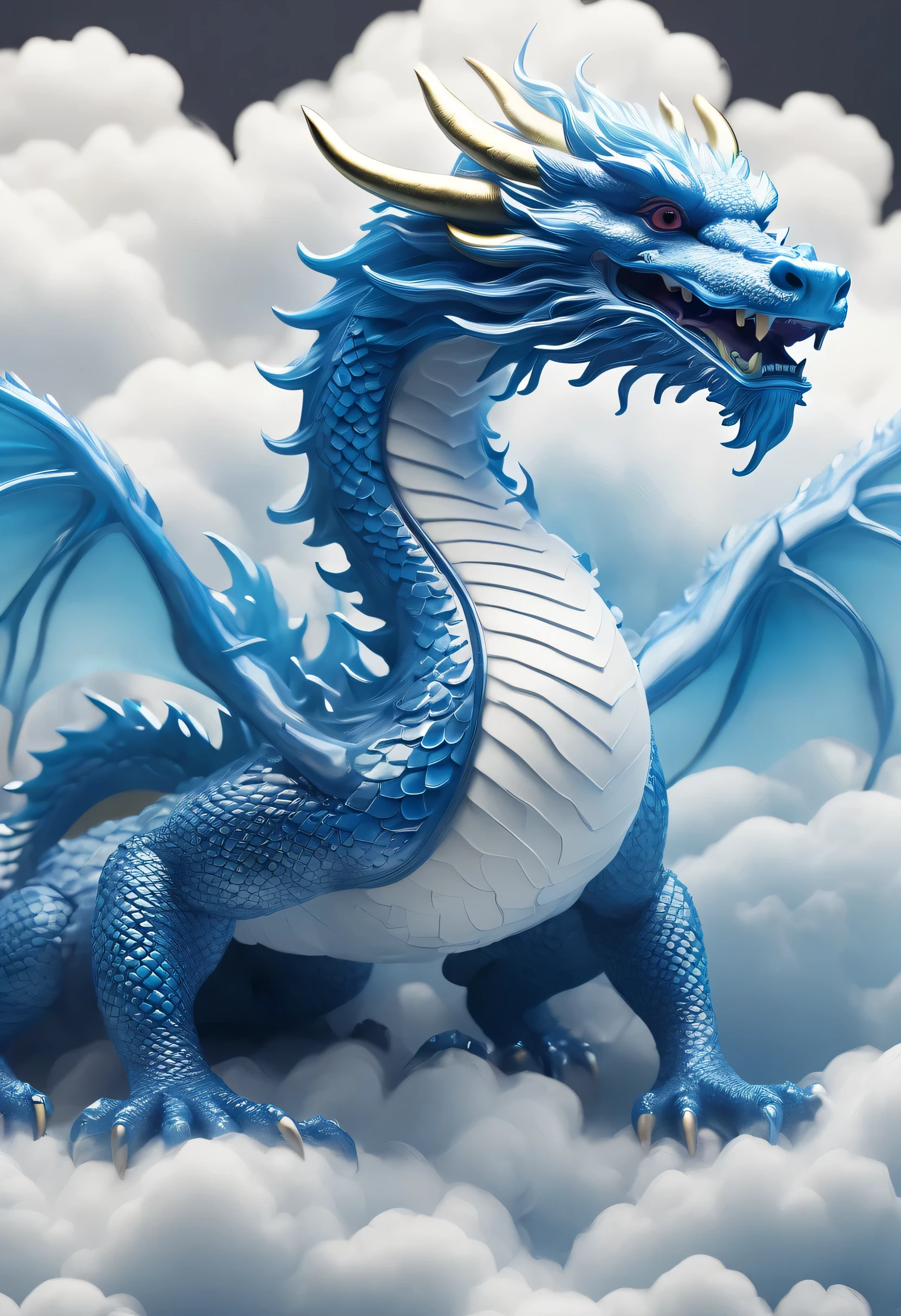 Super detailed,Super realistic,scales,detail,close up,Chinese dragon,In the clouds,Large white clouds,blue,texture,pattern,glass texture