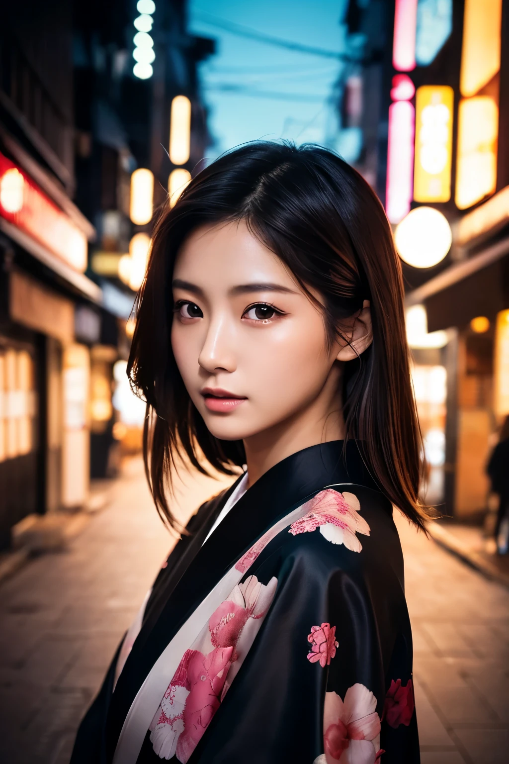 Beautiful Japanese supermodel woman, A lock of hair with slight highlights, black eyes, Sexy，street background，Gorgeous kimono , Liquid color flows across her face, Shooting against the light，Perfect facial lighting，mixed media,Face to the right