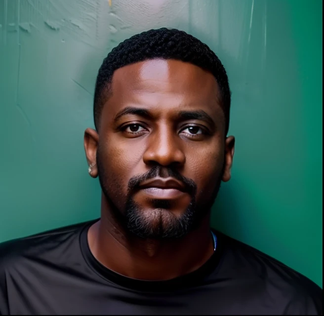 Image réaliste ressemblant à une photo, Homme noir avec barbiche, Chemise robe verte, well-cut hair, 30 ans, Photo de style passeport, homme d'affaire.