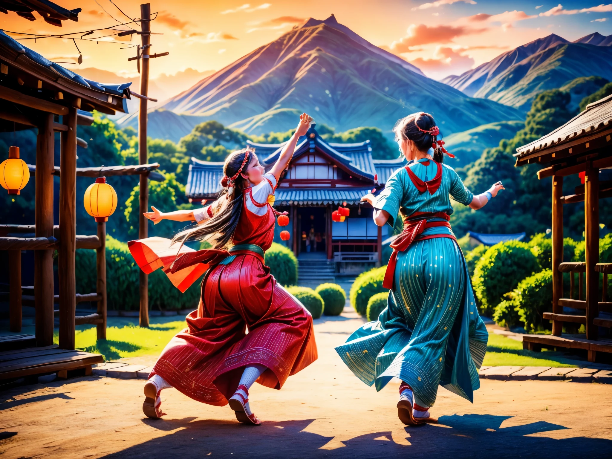 a girl drinking sake from a gourd, getting drunk and dancing, villagers watching   。
(best quality,4k,8k,highres,masterpiece:1.2),ultra-detailed,(realistic,photorealistic,photo-realistic:1.37),vivid colors,studio lighting,physically-based rendering,portraits,landscape,vibrant colors,dynamic lighting,traditional Japanese style,blossoming cherry trees,playful atmosphere,lively village square,traditional clothing,flowing movements,expressive faces,countryside setting,joyful celebration,detailed village houses,festive decorations,floating lanterns,spectators clapping and cheering,happy and relaxed atmosphere,authentic cultural scene,merry and dynamic dance,traditional music and instruments,energetic and lively movements,harmony with nature,bright and vibrant colors,traditional dance costume,cultural heritage,synchronized and rhythmic dance steps,lively and dynamic poses.