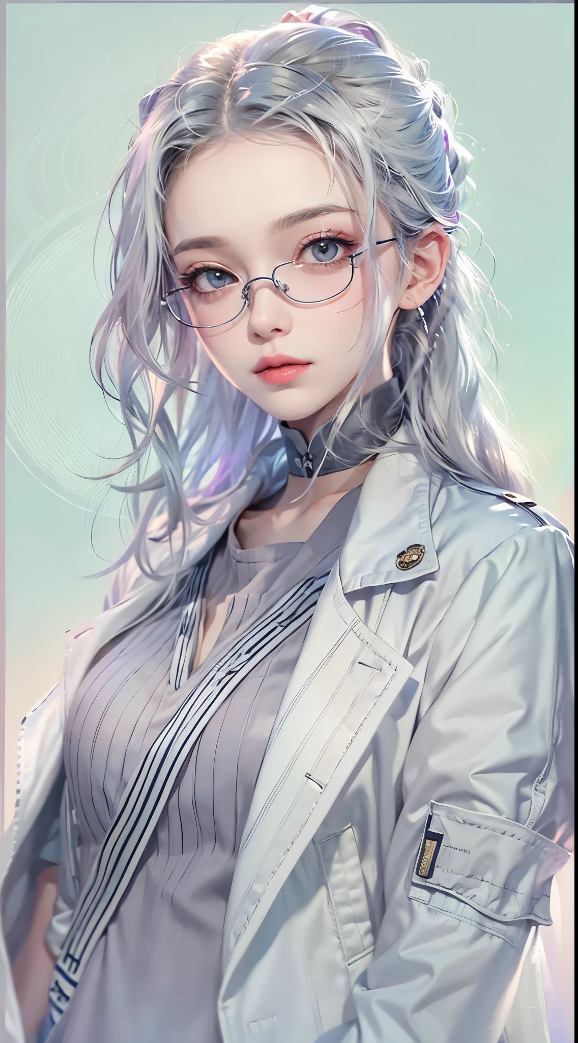 (masterpiece:1.2), (pale skin:1.2), (solo:1.2), (female:1.1), (emphasis lines:1.3), silverhair, silver eyes, eyewear on hair, hair ribbon, ponytail, jacket, choker, collarbone