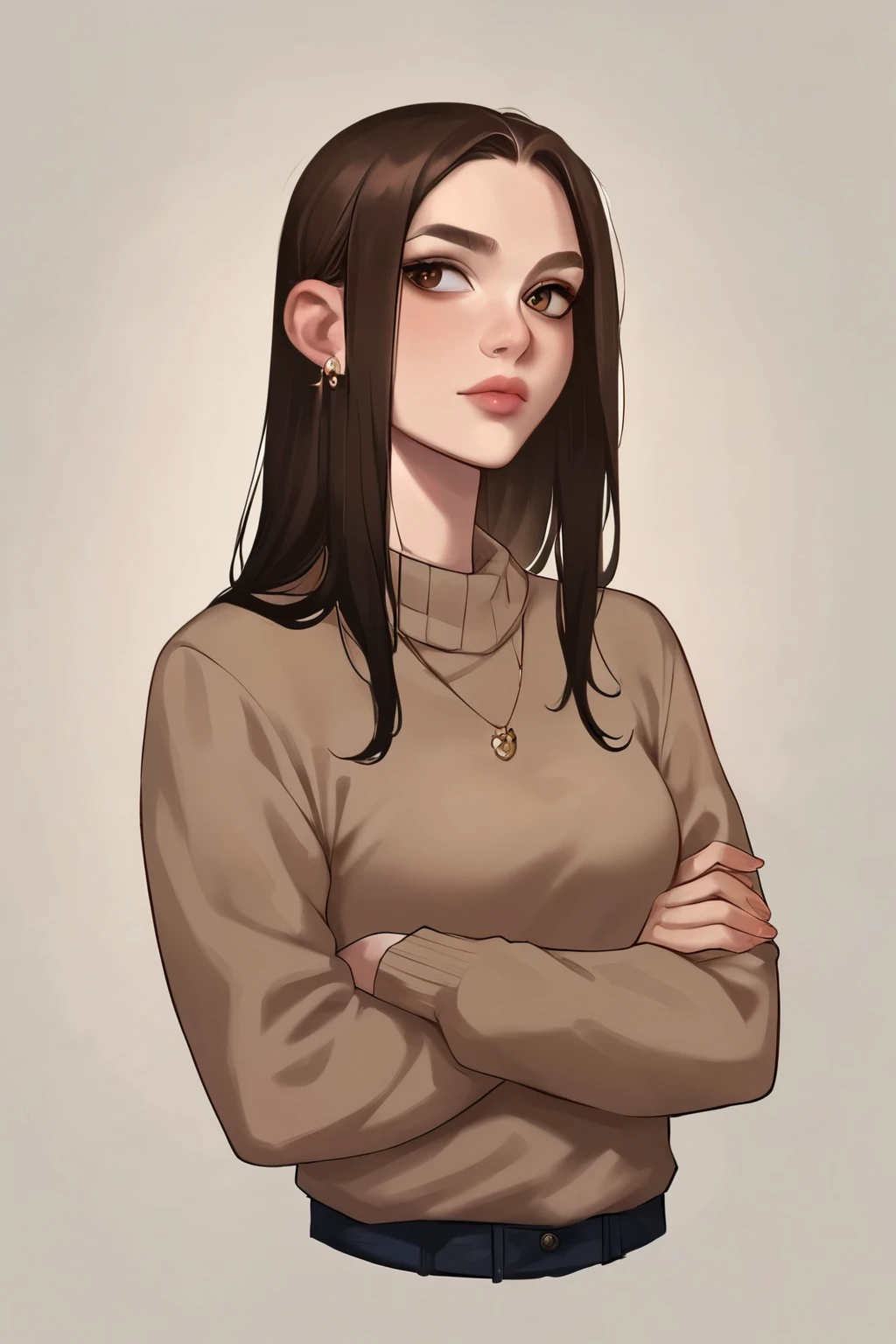 score_9, score_8_up, score_7_up, score_6_up, score_5_up, score_4_up, rating_safe, 1girl, jewelry, solo, pale skin, light-skinned female, brok  hair, crossed arms, earrings, long hair, lips, upper body, sweater, piercing, looking to the side, brown eyes, ear piercing, medium breasts 