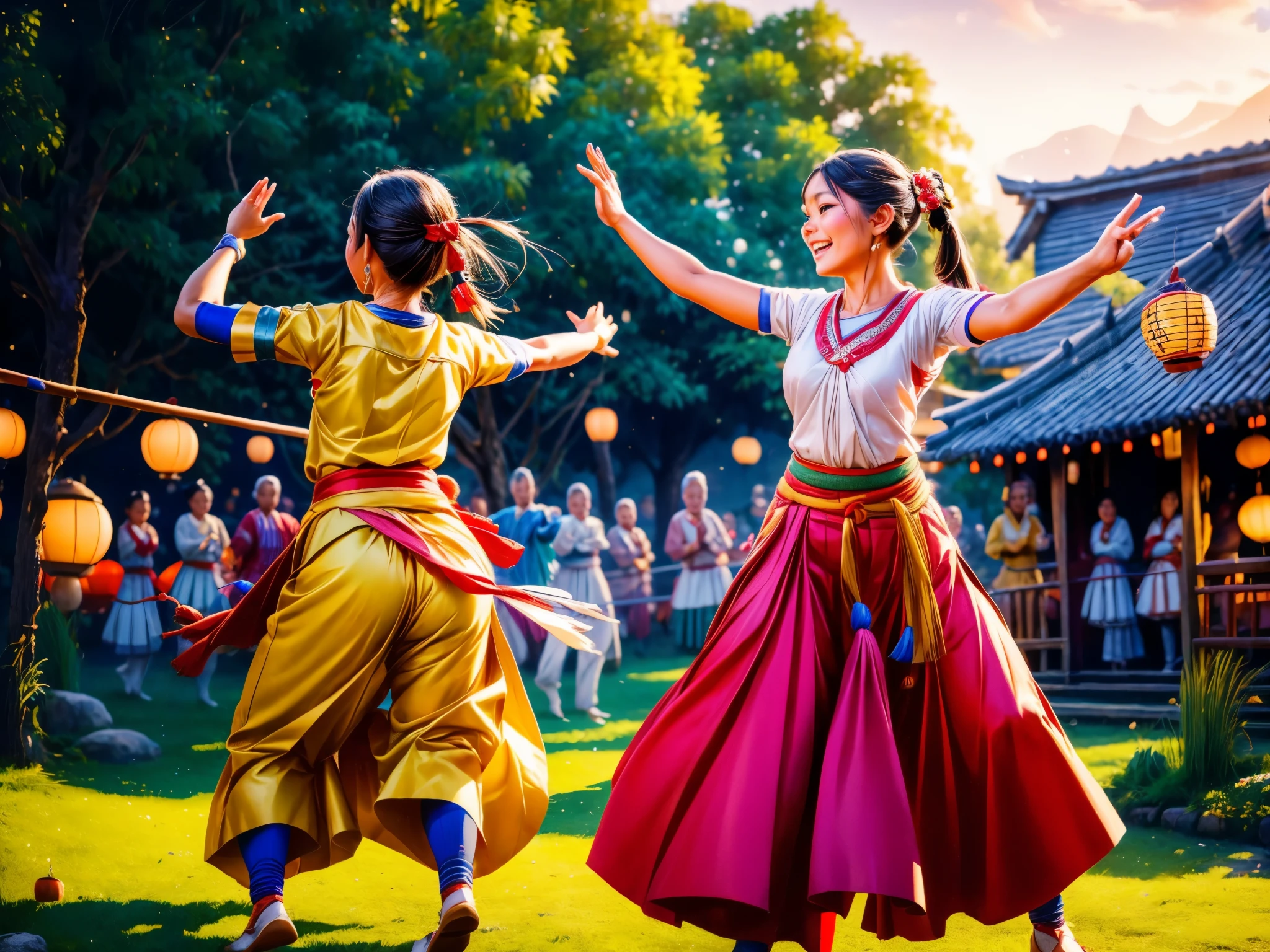 a girl drinking sake from a gourd, getting drunk and dancing, villagers watching   。
(best quality,4k,8k,highres,masterpiece:1.2),ultra-detailed,(realistic,photorealistic,photo-realistic:1.37),vivid colors,studio lighting,physically-based rendering,portraits,landscape,vibrant colors,dynamic lighting,traditional Japanese style,blossoming cherry trees,playful atmosphere,lively village square,traditional clothing,flowing movements,expressive faces,countryside setting,joyful celebration,detailed village houses,festive decorations,floating lanterns,spectators clapping and cheering,happy and relaxed atmosphere,authentic cultural scene,merry and dynamic dance,traditional music and instruments,energetic and lively movements,harmony with nature,bright and vibrant colors,traditional dance costume,cultural heritage,synchronized and rhythmic dance steps,lively and dynamic poses.