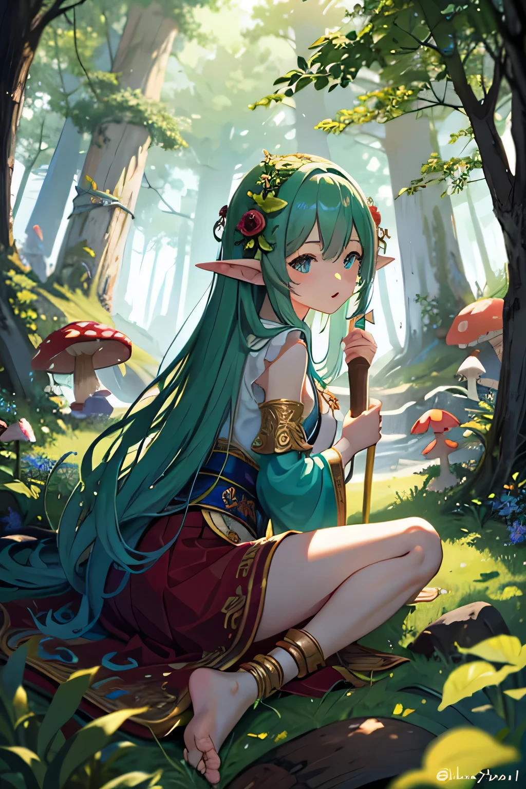 ((highest quality)), ((masterpiece)), (be familiar with), fantasy、mushroom、in the forest、Fairies、Elven Village