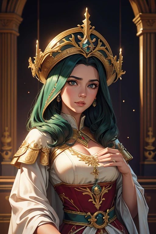 um lindo retrato de imperatriz, cabelo loiro, olhos azuis perfeitos, com um brilhante, impossible to reach the big Christmas helmet, roupas vestes de Papai Noel, tudo natal, neve, symmetrical, dramatic studio lighting, rococo, baroque, verdes, Asian, hiperrealismo, fechar-se, D&D, Fantasia, intrincado, elegante, altamente detalhado, pintura digital, art station, octane rendering, 8k, arte conceitual, fosco, sharp focus