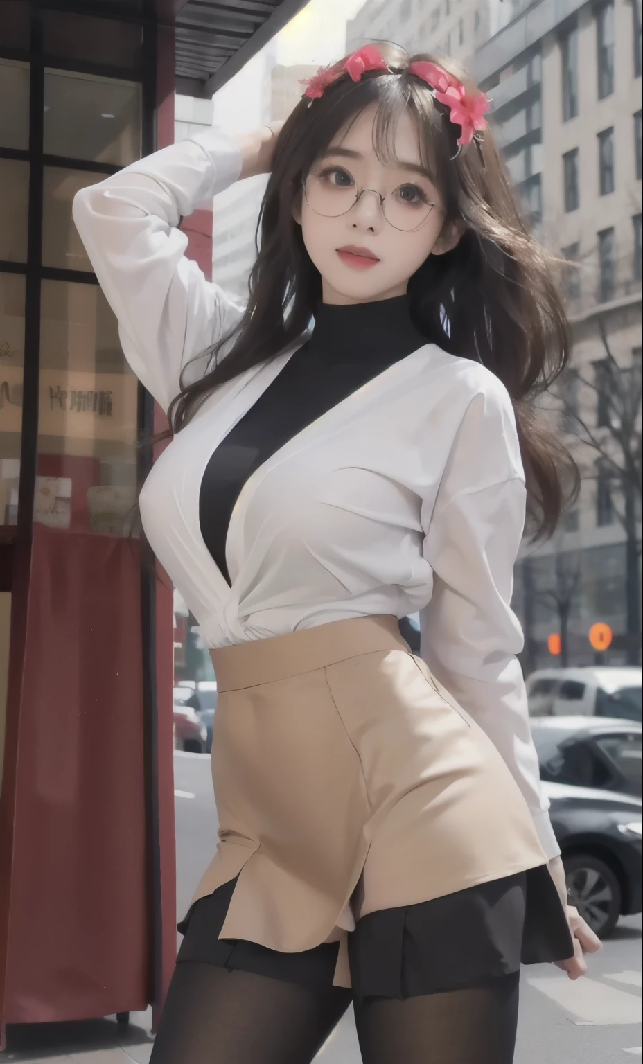 ulzzang-6500-v1.1, (raw photo:1.2), (photorealistic:1.4), beautiful detailed girl, very detailed eyes and face, beautiful detailed eyes, ridiculous, incredibly ridiculous, huge file size, super detailed, high resolution, very detailed, best quality, masterpiece, ((fashion clothing with diverse colors)), illustration, very detailed, CG, unified, 8k wallpaper, amazing, fine detail, masterpiece ,best quality, very detailed CG uniform 8k wallpaper, light on face, movie lighting, 1girl, , long white hair, side splits, (big breasts), (no panties)), (glasses), ((dynamic pose))), ((sexy pose))), (camel toe), (half), (pantyhose)), ((black hip skirt))