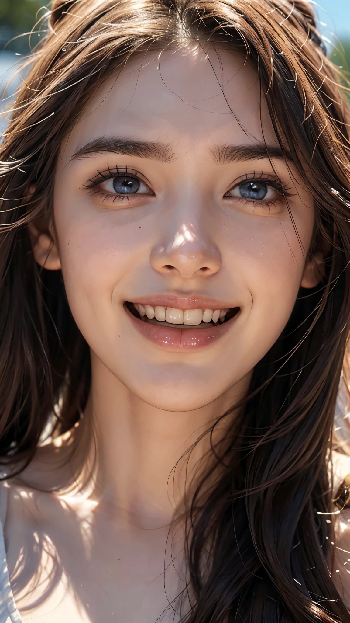 cute 26 year old,1 girl,slim face ,8K,Super realistic image quality,dynamic shadow,sparkling eyes,clear pale blue eyes,movie theater lighting,camisole,strong sunlight, ((face close up:1.4)),((A smile showing white teeth)),((Open mouth and smile happily)),((Semi-long hair of maroon color)),close, 8K, Raw photo, highest quality, masterpiece,realistic, photo-realistic,